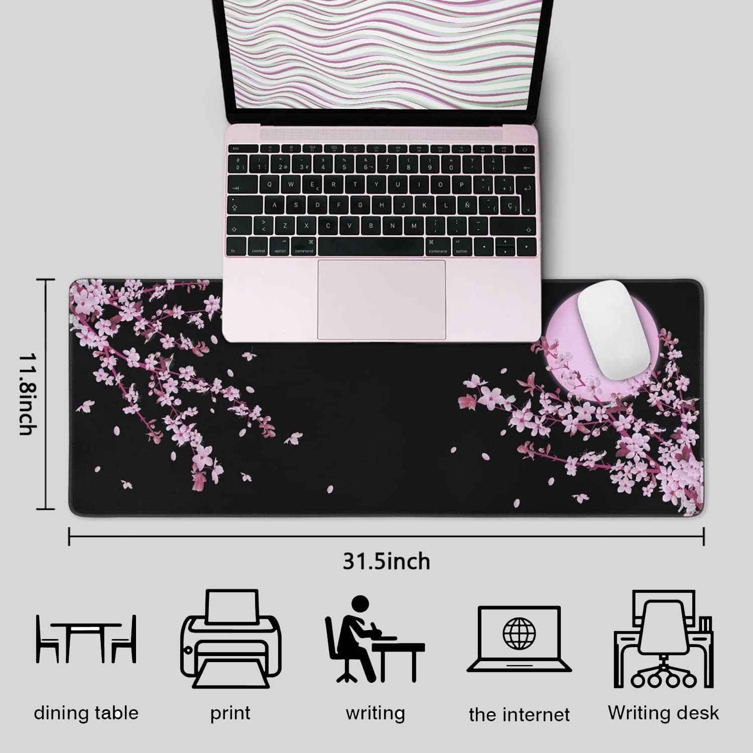 Japanese Cherry Blossom Sakura Mouse Pad Black XL, Extended Large Mouse Pad, Kawaii Pink Black Mousepad, Moon Floral Long Big Desk Mouse Mat, Cherry Blossom Decor Stuff Accessories, 31.5 X 11.8 Inch image number 3