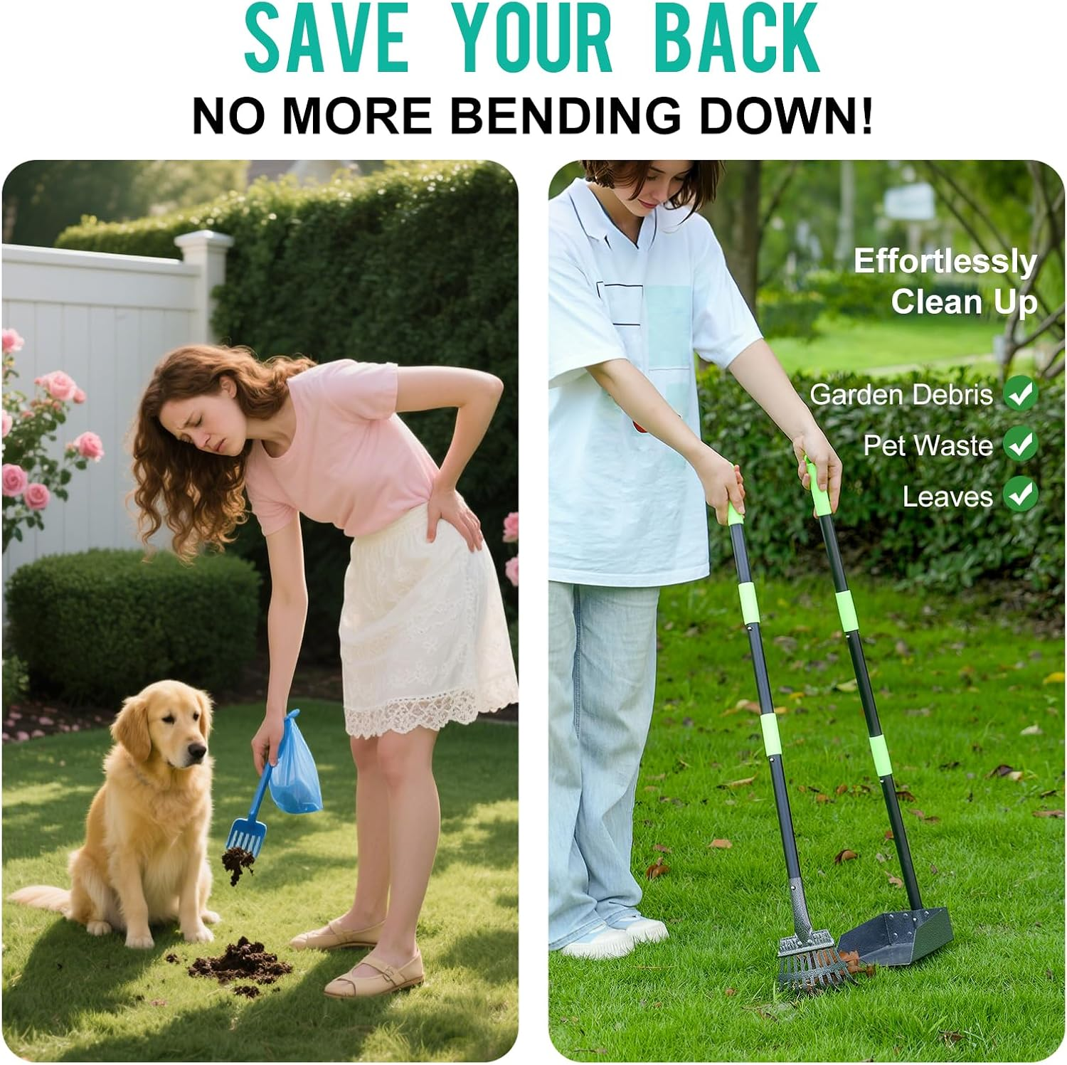 Stainless Steel Dog Pooper Scooper Set 3 in 1 - Rake, Shovel & Tray with 95Cm Adjustable Long Handle - No Bend Dog Poop Scoop for Grass, Yard & Gravel - Heavy Duty Rustproof Cleaning Kit image number 4