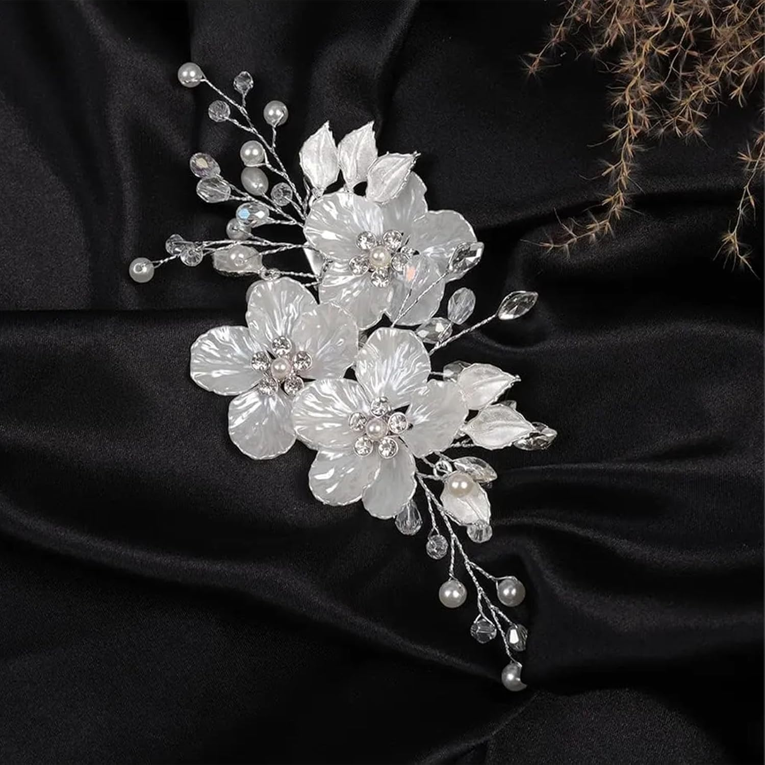3 PCS Flower Bridal Wedding Hair Pins Crystal Pearl Hair Clips Headpiece Bride Hair Accessories Jewelry with Rhinestone, Glitter Emboss White Flower