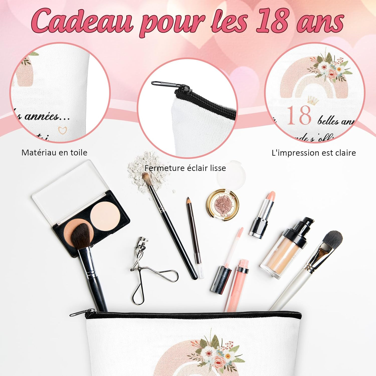 Xuniea 18Th Birthday Gift for Girls Cosmetic Bags with Zipper and Flower Pendant Keychain Funny Birthday Gifts for Women, Classmates, Friends, Niece, White, Fashion image number 6