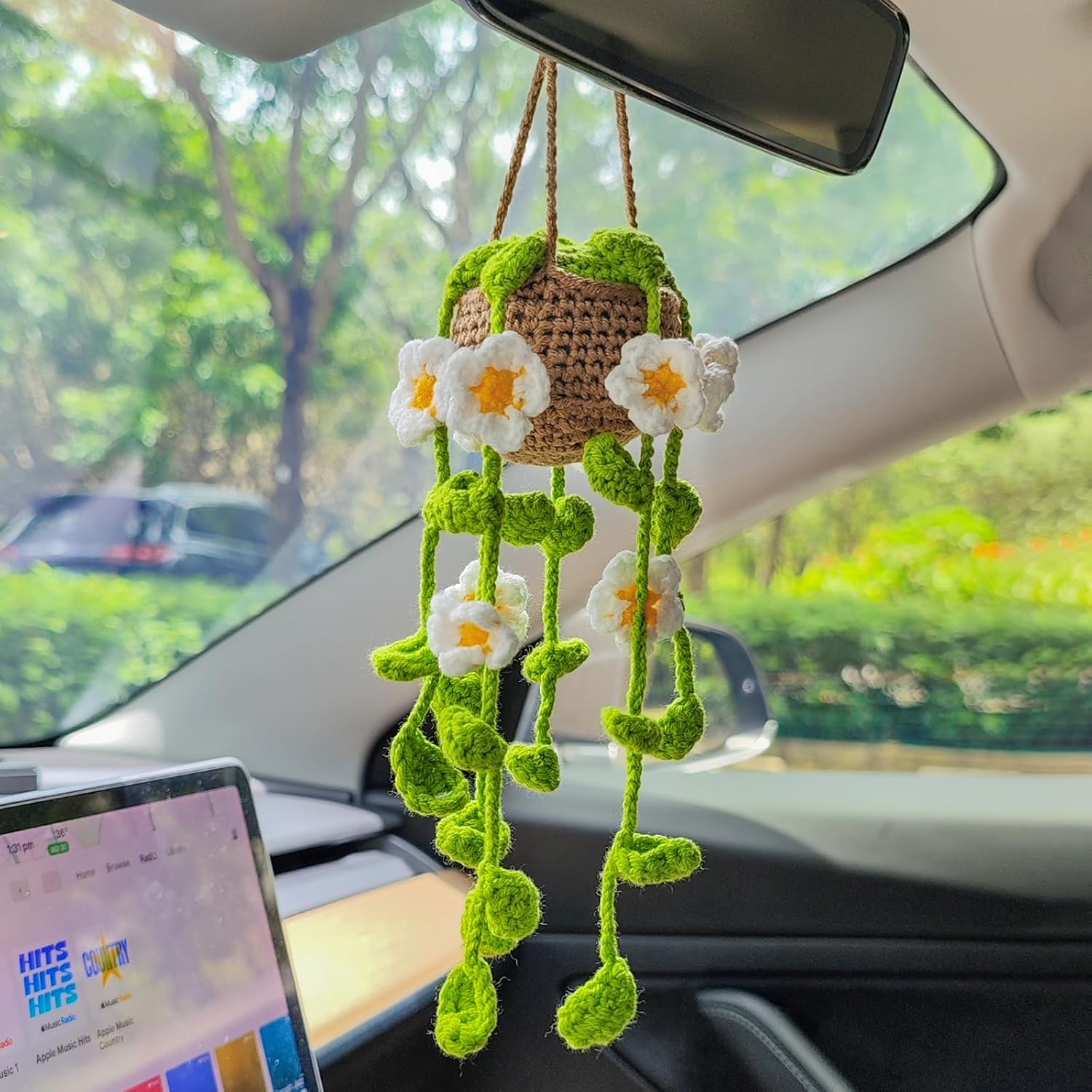Crochet Plant Hanging Basket Car Rear View Mirror Hanging Accessories Women Interior Aesthetics Cute Handmade Knitted Girly Gift(White Flowers) image number 6