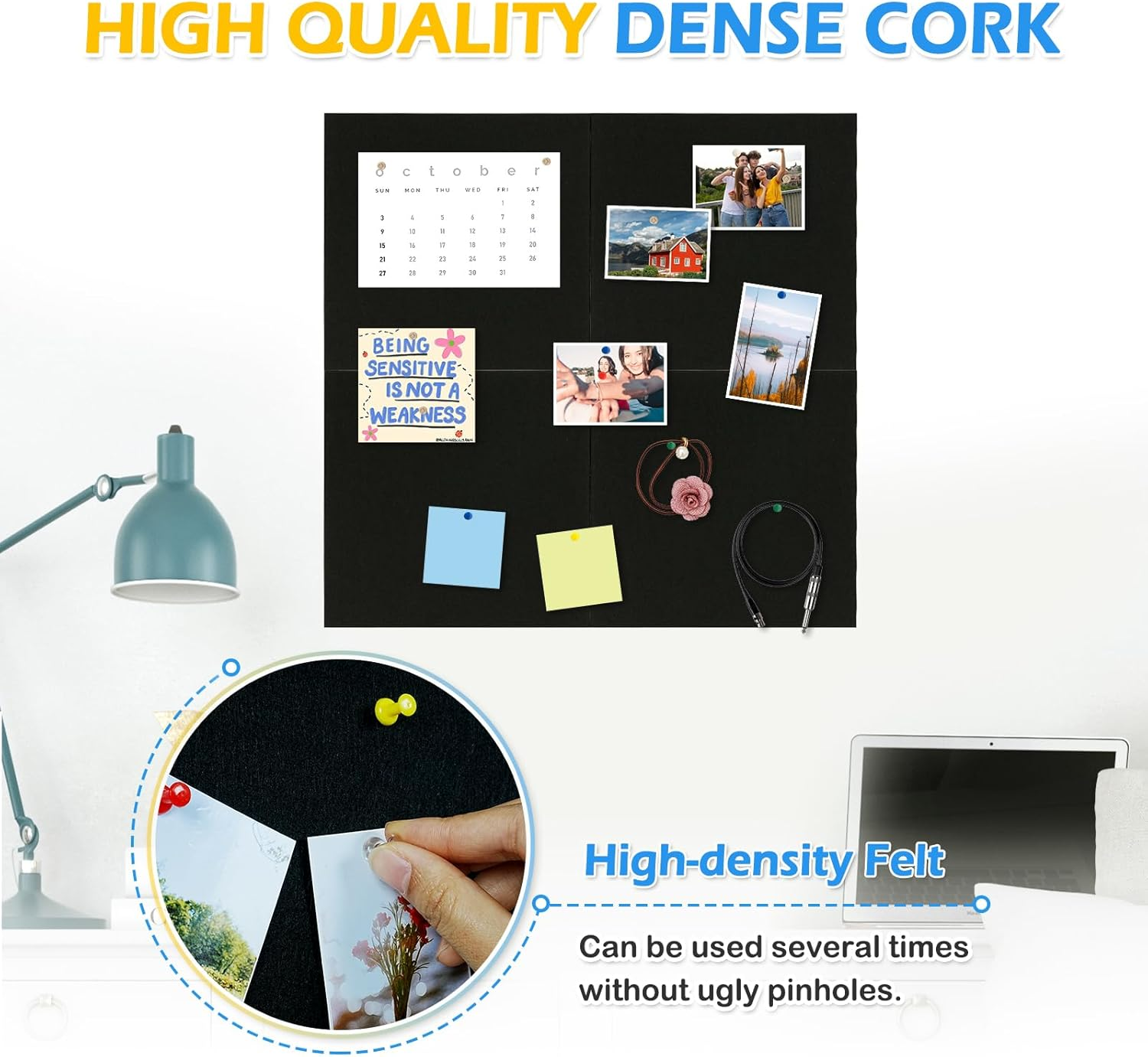 Large Cork Board Alternative, 4 Pack 12&rdquo; X 12&rdquo; Self Adhesive Felt Bulletin Board Wall Panels, Pin Board, Felt Wall Tiles for Home, Office with 40 Push Pins(Black) - 5 Pack-Black image number 6