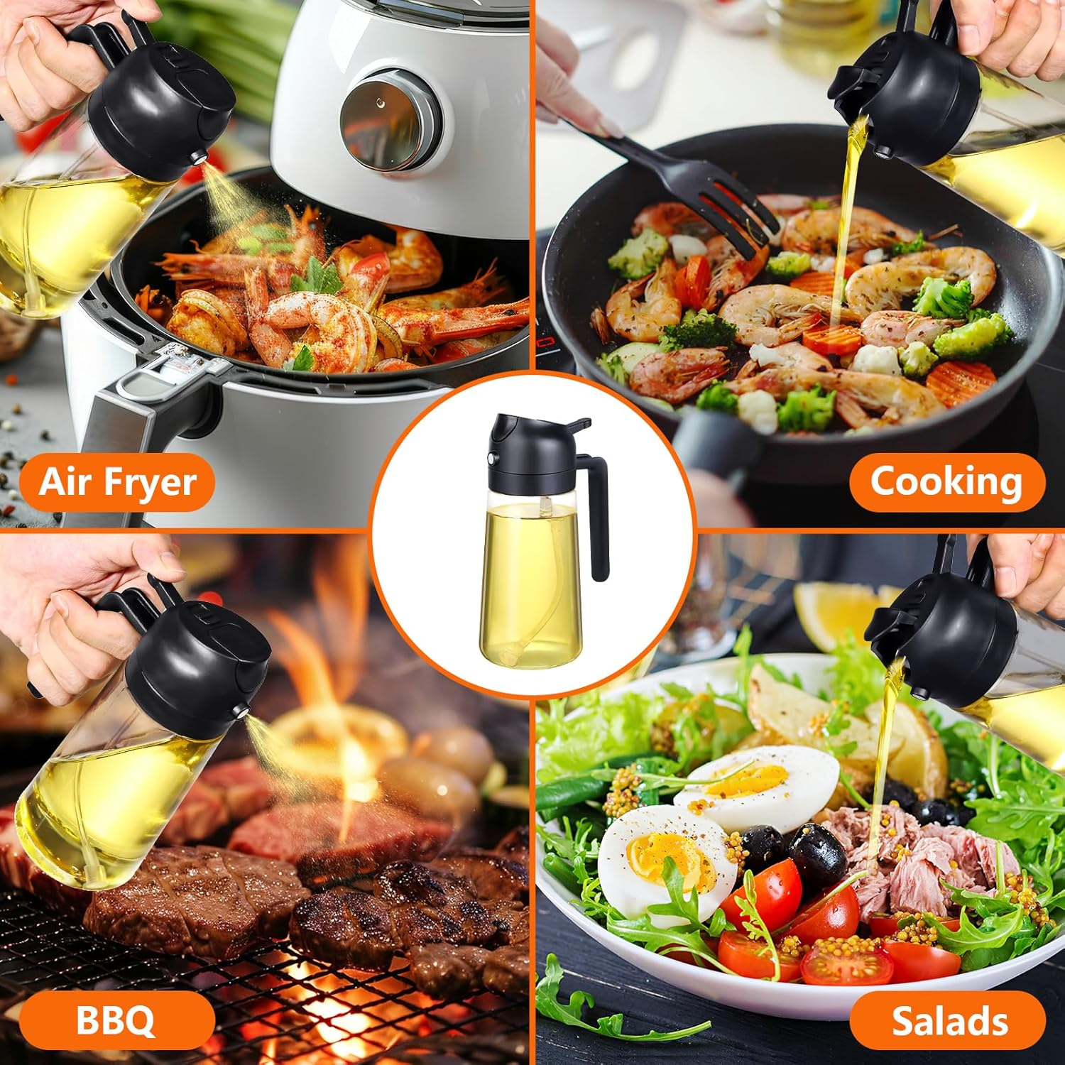 Lychico Oil Dispenser Bottle 470Ml/16Oz, 2 in 1 Oil Dispenser and Oil Sprayer, Food Grade Spray Bottle for Kitchen Cooking, Oil Dispenser for BBQ, Salad, Baking Steak, Air Fryer, Black image number 6