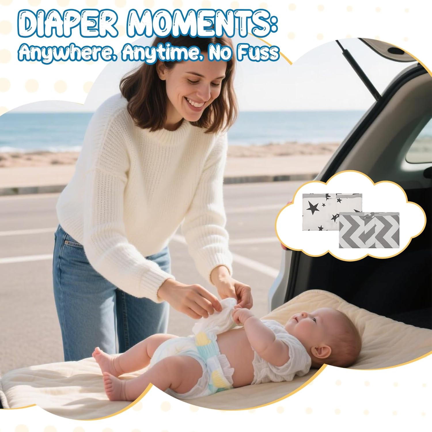 Viiotu Baby Diaper Changing Pads (2 Pack),Large Soft Cotton Foldable Waterproof Changing Pad Mat,Cartoon Travel Reusable Change Mat for Toddler Infants Newborn Boys Girls (2, Black Star,Gray Waves)