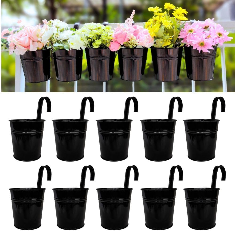 Lalagreen 6 Inch Hanging Planter Iron - 10 Pack, White Large Metal Flower Pot over Rail Balcony Railing Hanging Buckets for Plants Outdoor Fence Wall Herb Garden Succulent outside Deck Patio Porch