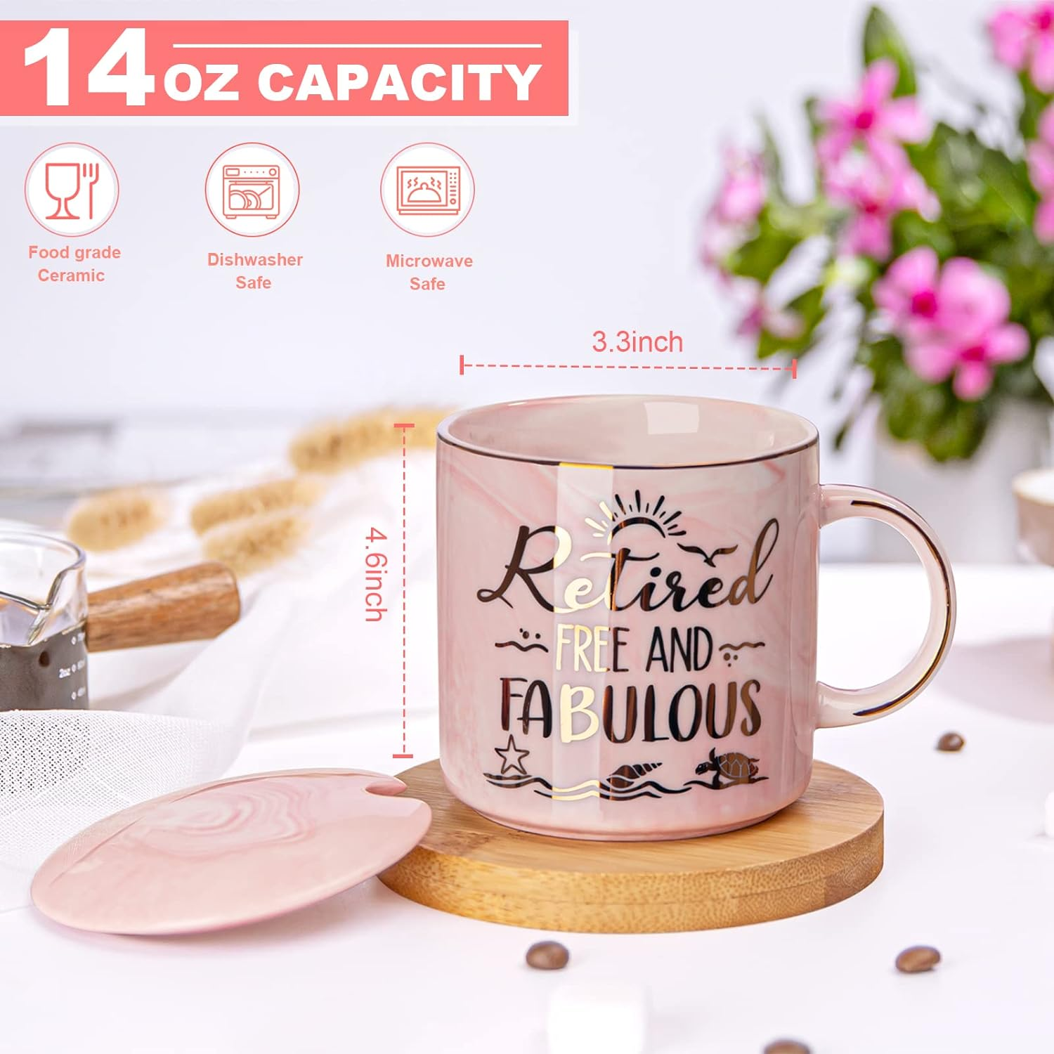 Retirement Gifts for Women 2024 - Retirement Gifts for Women, Coworker Leaving Gifts, Farewell Gifts, Going Away, Goodbye Gifts, Retired Free and Fabulous -14Oz Pink Marble Coffee Mug, Gift Box image number 2