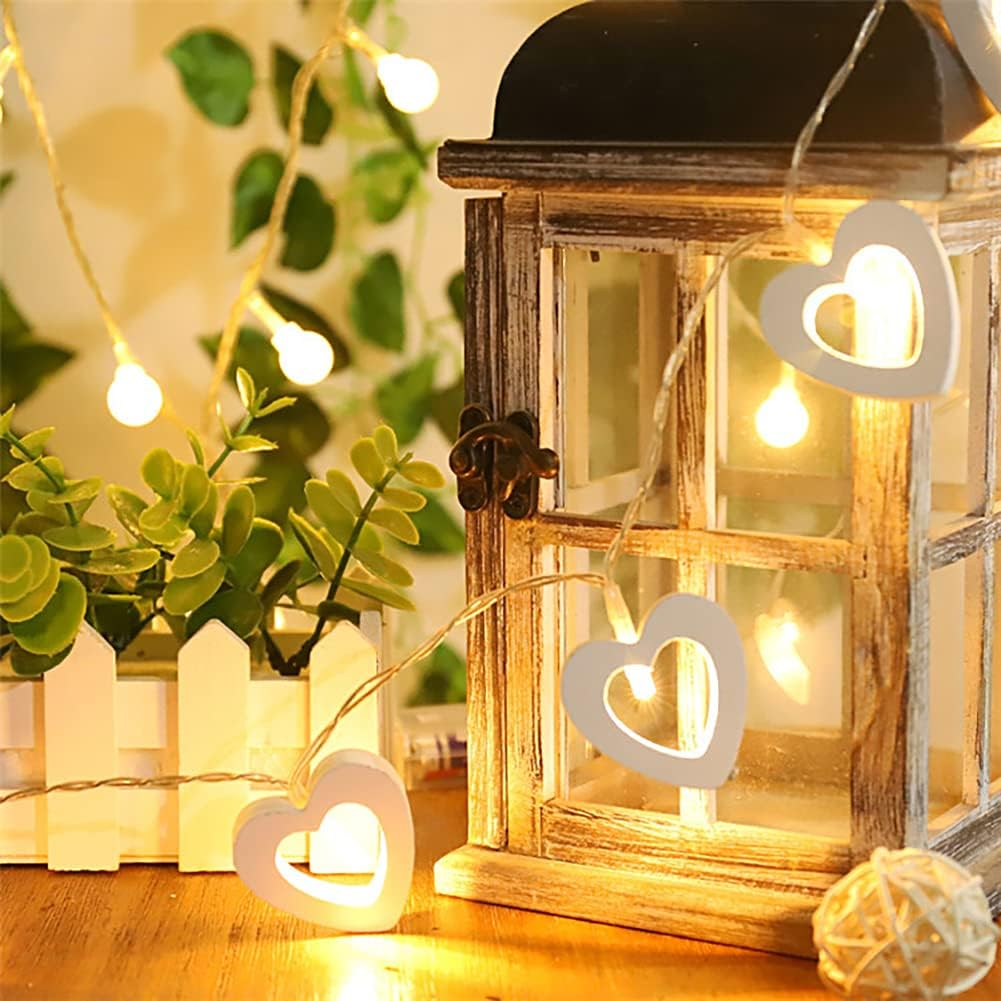 Gimuk 20 Led Warm White Wooden Heart Fairy String Light Xmas Wedding Decor Party Lighting Battery Powered (20 LED) image number 4