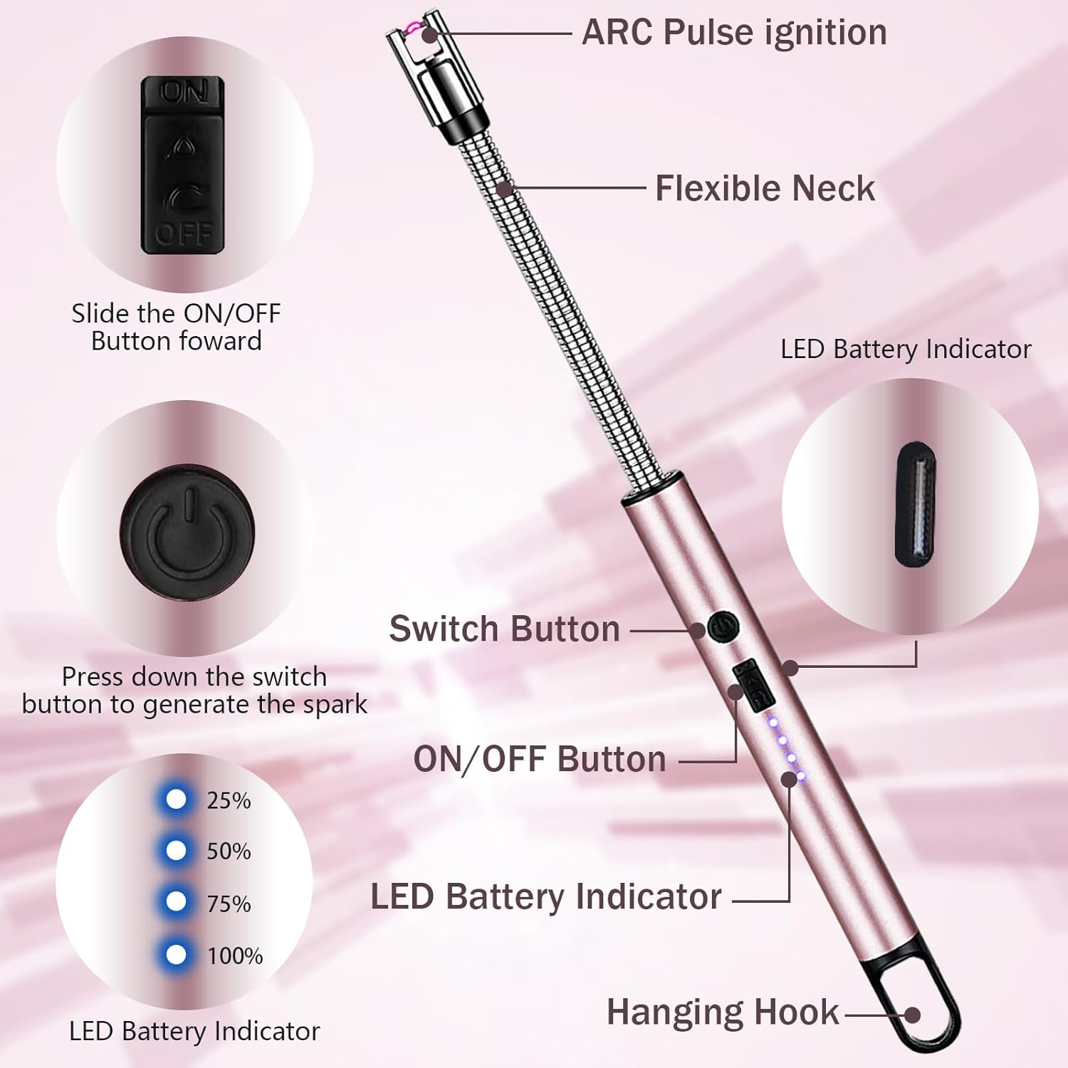 Electric Candle Lighter: USB Rechargeable Windproof Flameless with 360&deg; Flexible Neck & LED Power Display Long Lighter for Women Men as Birthday Gifts, Rose Gold - Rose Gold image number 3