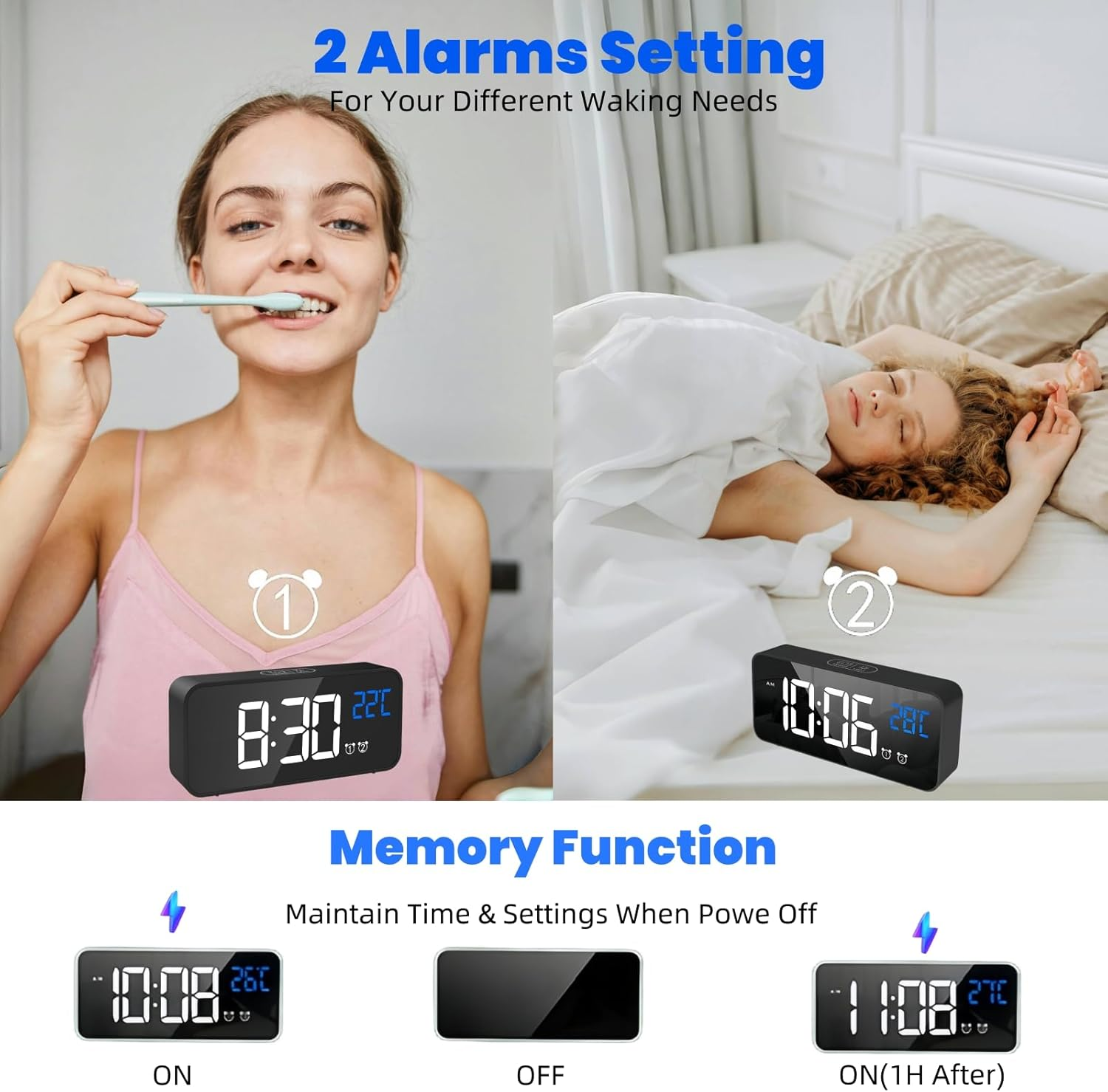 Lecoirrax Upgraded Digital Alarm Clock, Bedside Digital Clock for Kid Adult, Large LED Clock, Snooze, Temperature, 4-Level Brightness, 12/24H, 13 Music USB Rechargeable Clock for Bedroom Office(Black) image number 3