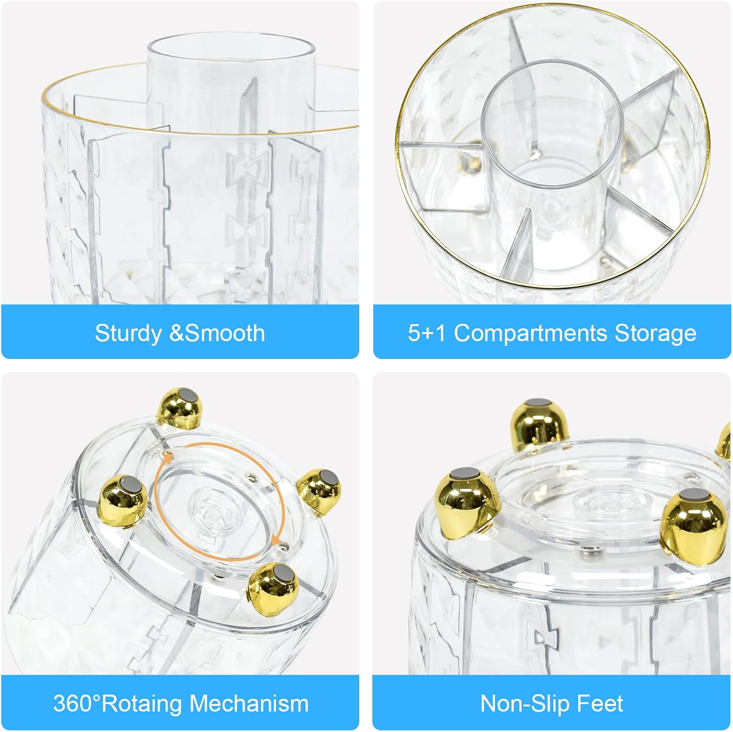 Marte Vanci Pen Pencil Holder, 360&deg; Rotating Makeup Organiser Brush Holder with Phone Stand, Pen Pot Brush Organiser 5 Slots Desk Storage Box Caddy for Dressing Table Office Stationery Clear Gold - Clear Silver image number 7