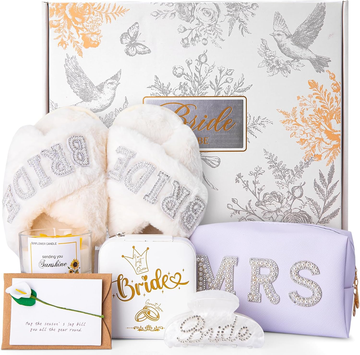 7Pcs Bride to Be Gifts, Bridal Shower Bachelorette Gift Set, Unique Engagement Wedding Day Basket for Women Her Wifey Future Mrs, Including Makeup Bag Slippers Hair Clip Scented Candles Jewelry Box image number 5