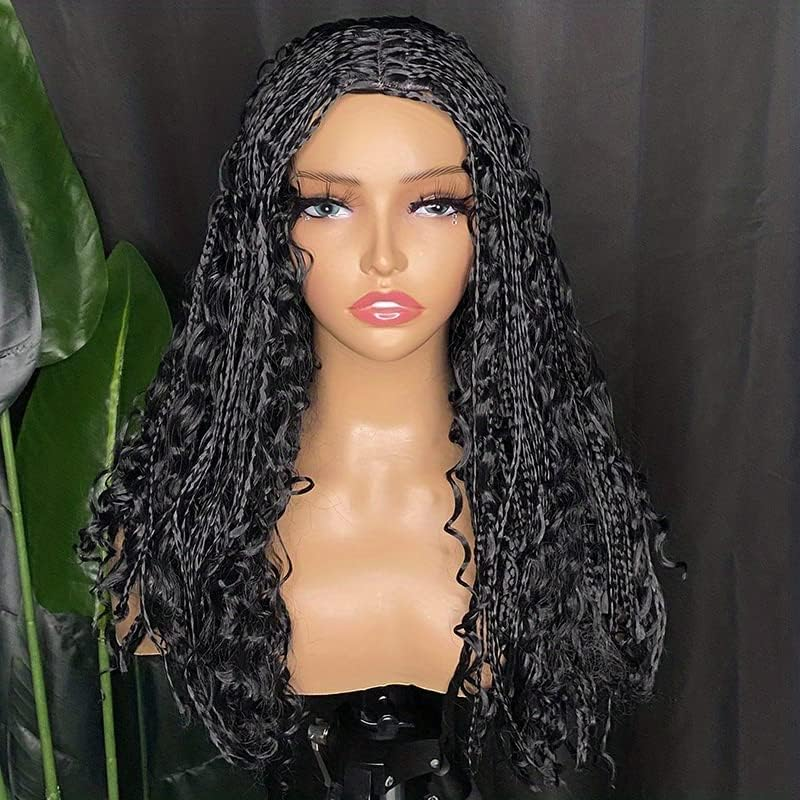Czrleaty Knotless Braided Wigs for Black Women Heat Resistant Fiber Soft Synthetic Short Bob Box Braided Wig with Bangs African American Braided Wigs (22 Inches, Middle Part Black)