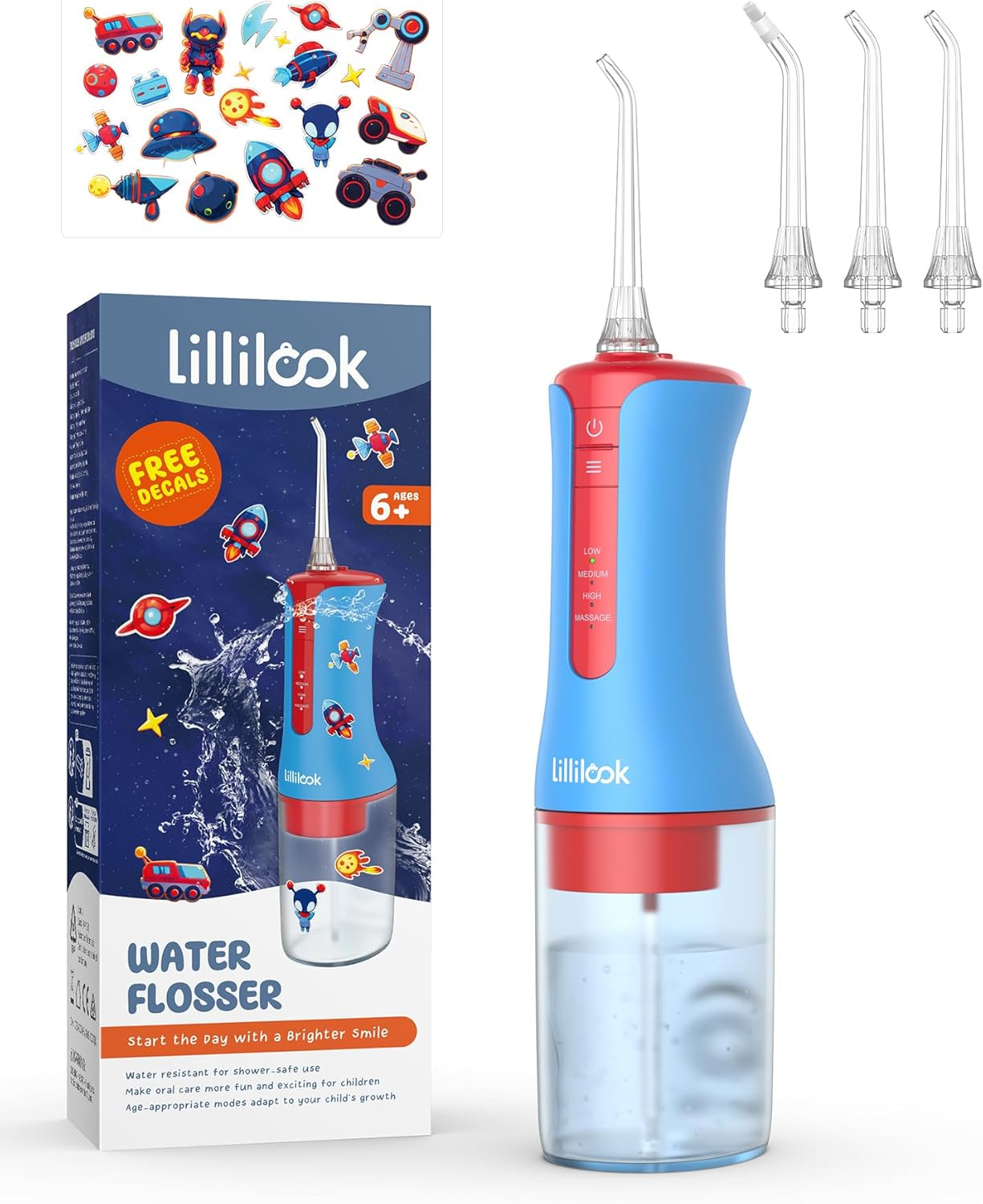Lillilook Kids Water Flosser, Portable Waterproof Oral Irrigator Water Teeth Cleaner Pick, 4 Modes for Ages 6+, Rechargeable with 3 Jet Tips Blue image number 5