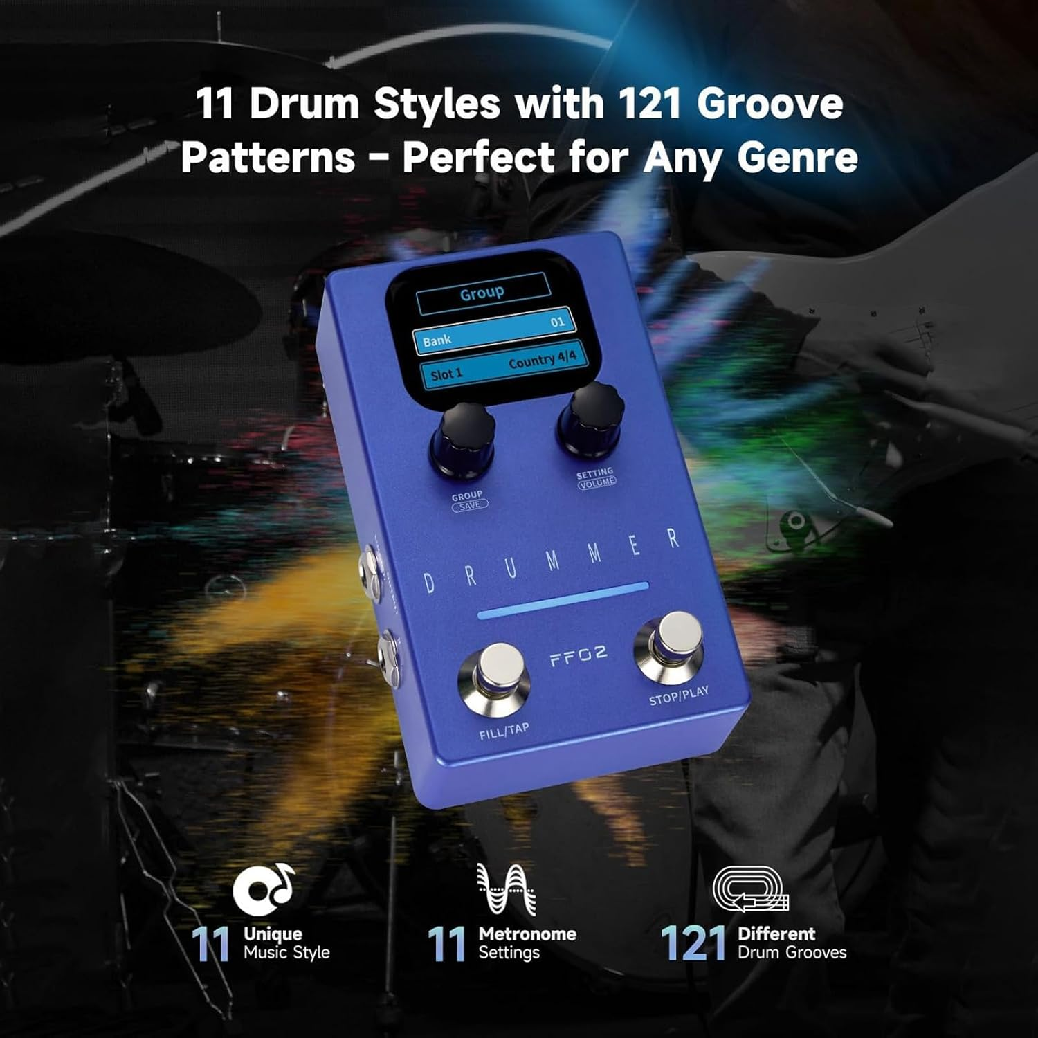 Pyhodi 121 Drum Grooves Rhythmic Guitar Effects Pedal, 66 Customizable Slots, Stereo I O for Live Studio Performance, 11 Styles Drum Machine with Sampling Rate 44.1Khz 16 Bit (AU Plug) image number 4