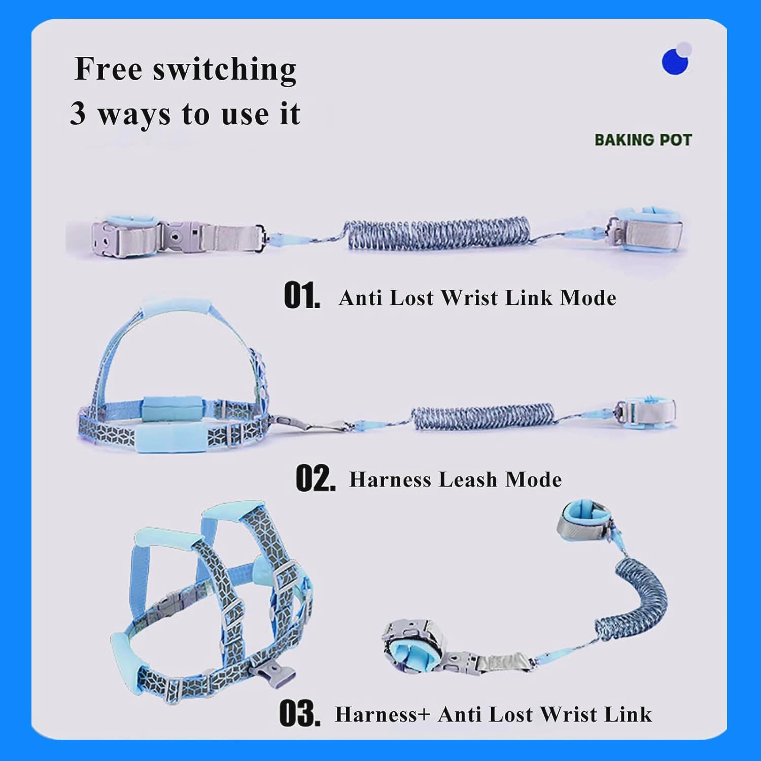 3 in 1 Reflective Kids Leashes, Toddler Harness Leash with anti Lost Wrist Link, Child Harness with Key Lock Design for Boys/Girls, Walking Wristband Rope Protection Tether Belt, Blue image number 4