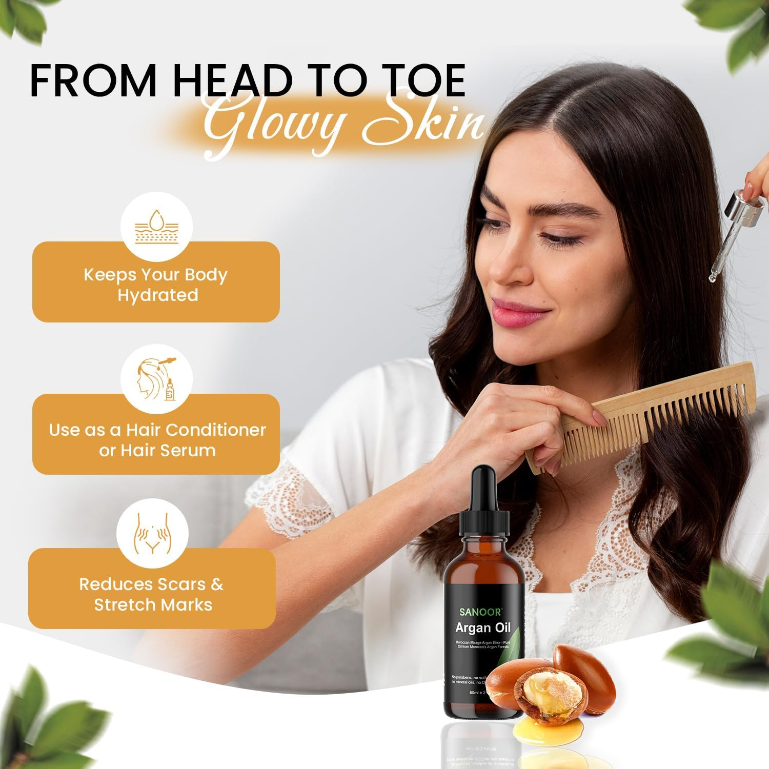 SANOOR Moroccan Argan Oil 60Ml &ndash; 100% Pure & Natural, FDA Approved, Cold-Pressed Oil for Hair Growth, Frizz Control, Skin Moisturizer, Face Glow, Beard & Nail Care &ndash; Vegan Beauty Oil for Men & Women image number 2