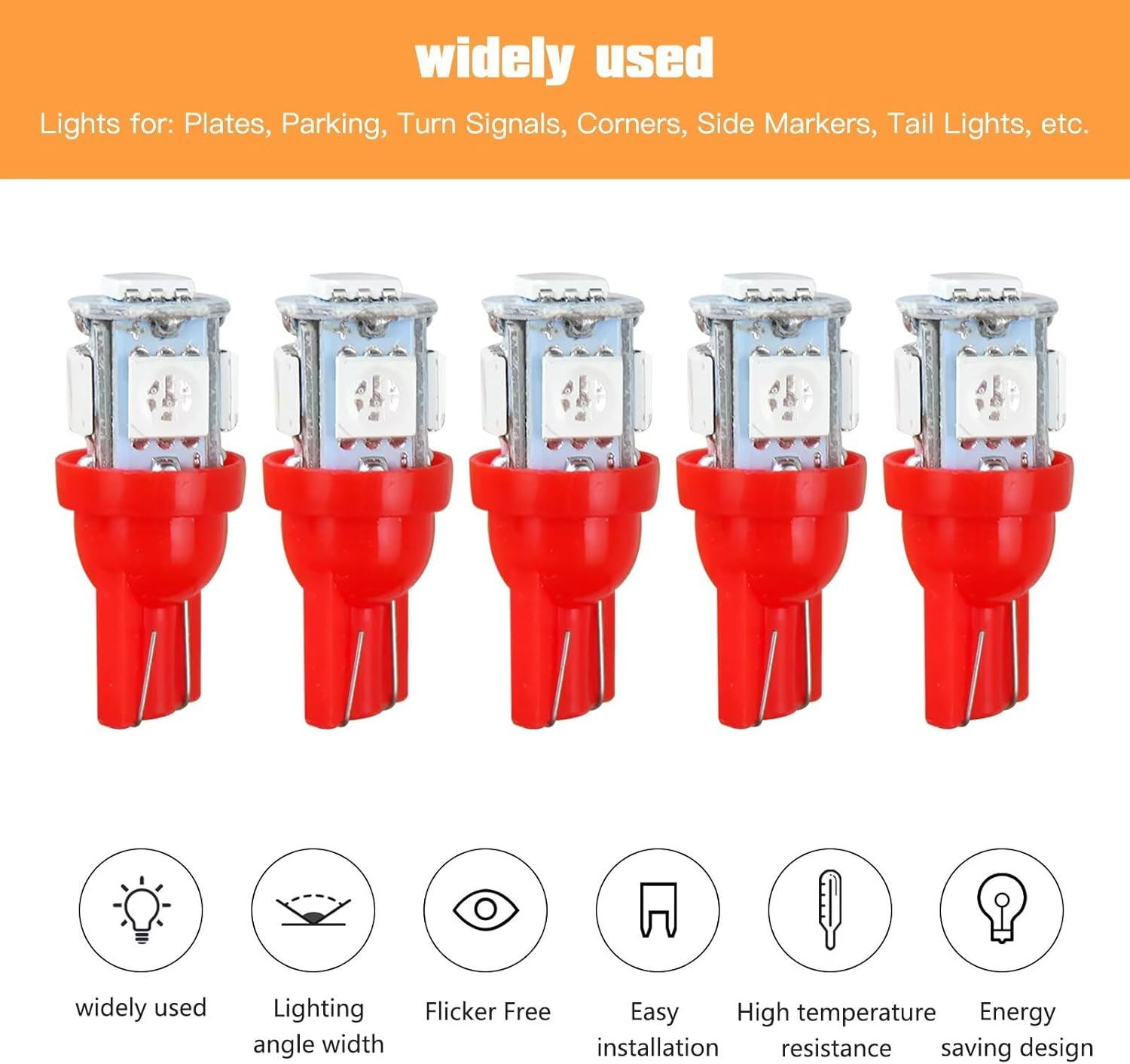 DOORYARD 10X Replacement for T10 5Smd 194 168 Light Bulb Wedge Tail Plate Parker 5050 Interior Globe Dash, 12 * 28Mm, 12V, Red