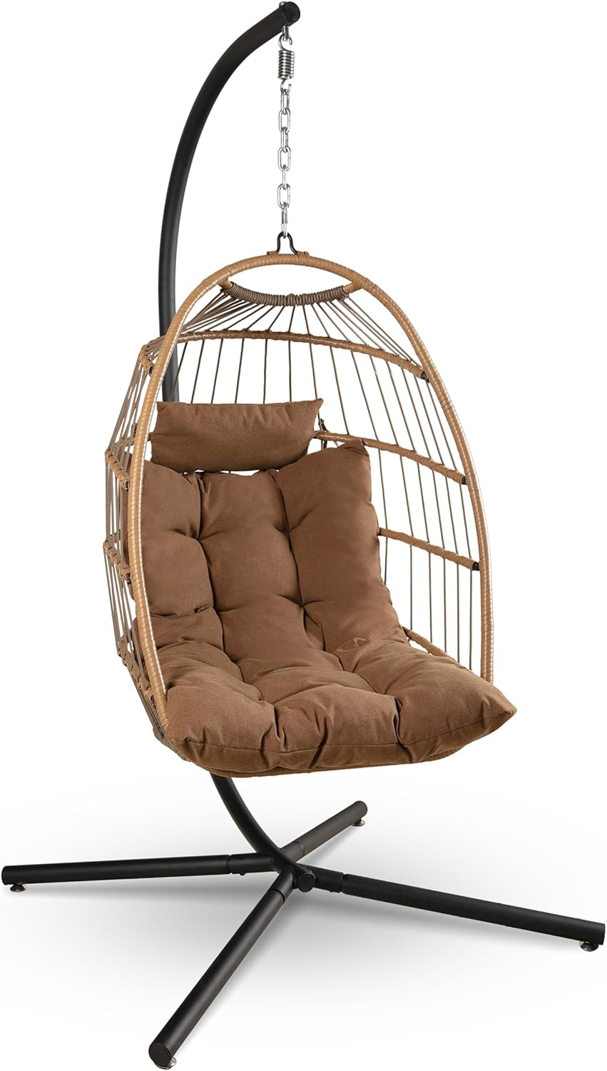 Serenelife Hanging Egg Chair with Stand &ndash; Indoor/Outdoor Swing for Living Room, Patio & Garden &ndash; Rattan Wicker Seat with Cushion &ndash; Brown image number 4