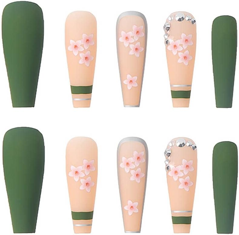 Rikview Long Press on Nails Coffin Fake Nails with Flower Design Green Nails for Women and Girls image number 2