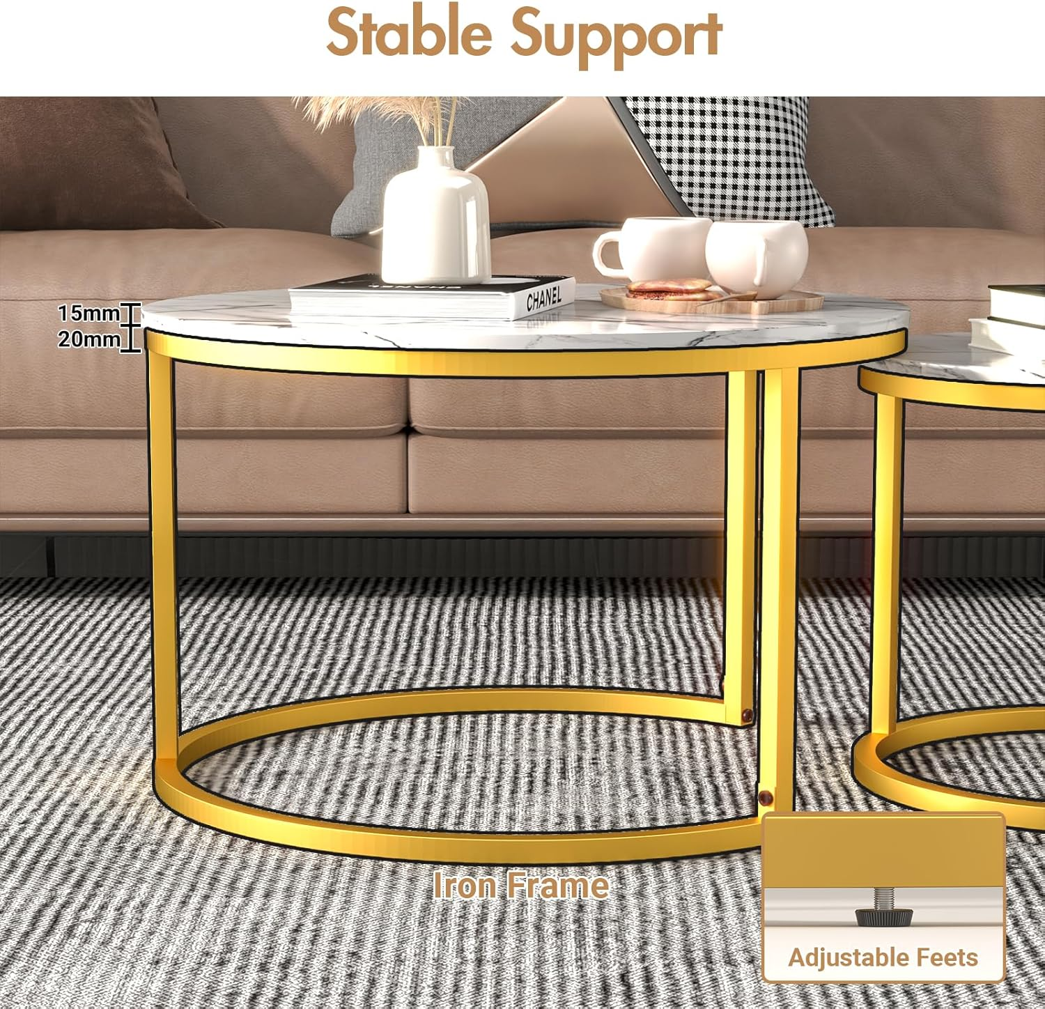 Advwin Coffee Table Set of 2, round Nesting Table Marble Pattern Wooden Side Table Metal Frame End Table for Living Room White image number 6