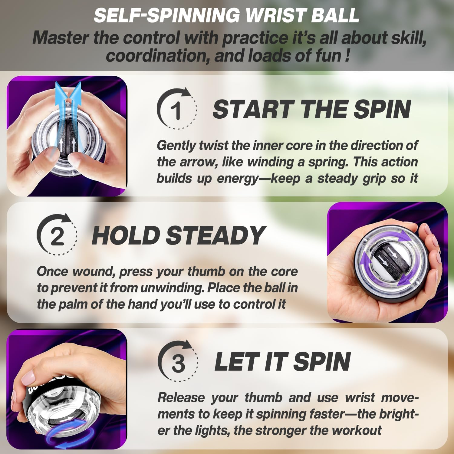 METEOR Wrist Trainer Ball &ndash; Auto-Start Gyroscopic Wrist Strengthener, Forearm Exerciser for Strengthening Arms, Fingers &ndash; Portable Gyro Ball with Colorful Lighting image number 3