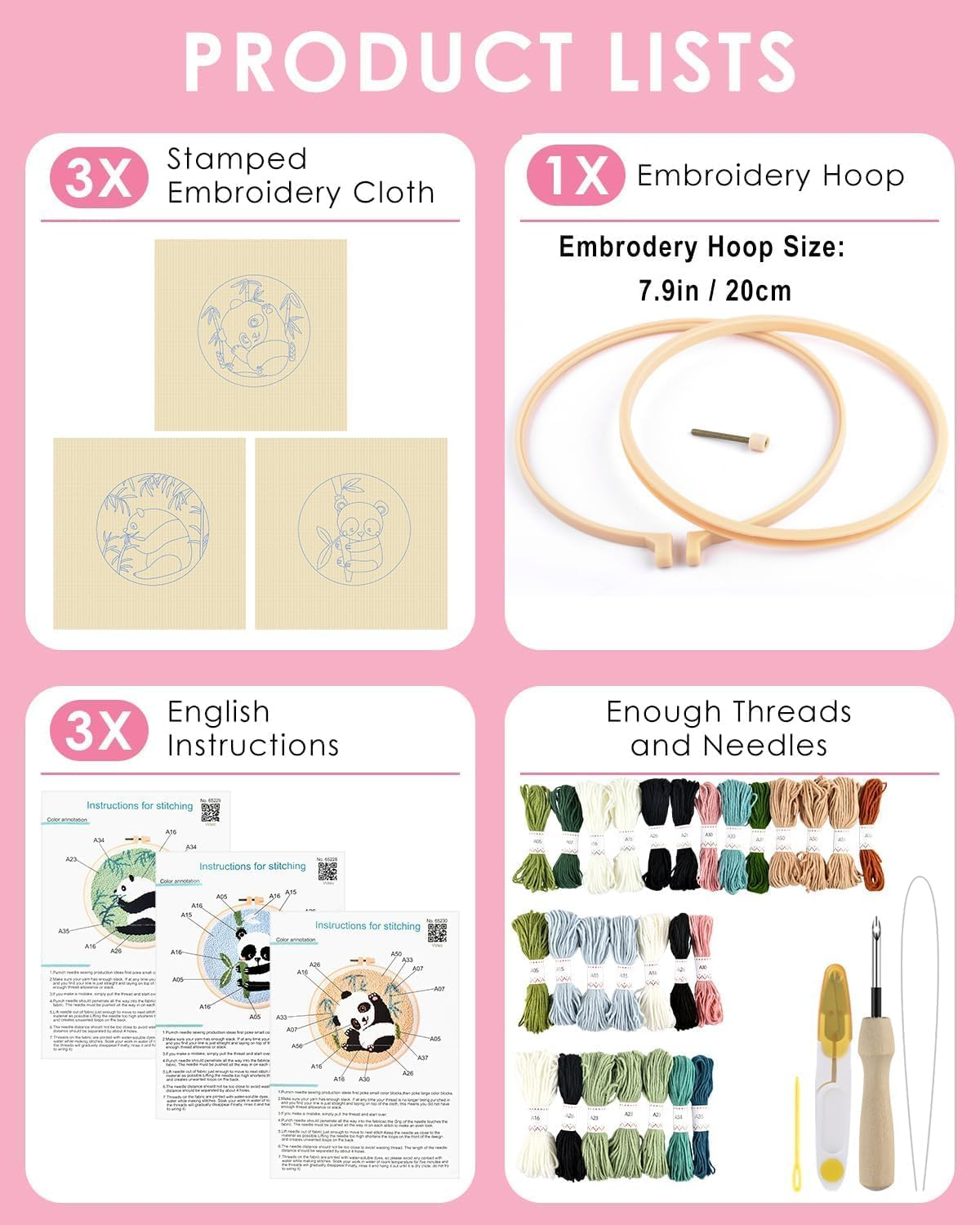 3 Sets Punch Needle Kits, Panda Punch Embroidery Kits for Adults Beginner, Tool with Punch Needle Fabric, Hoops, Yarns and Sewing Needles image number 1