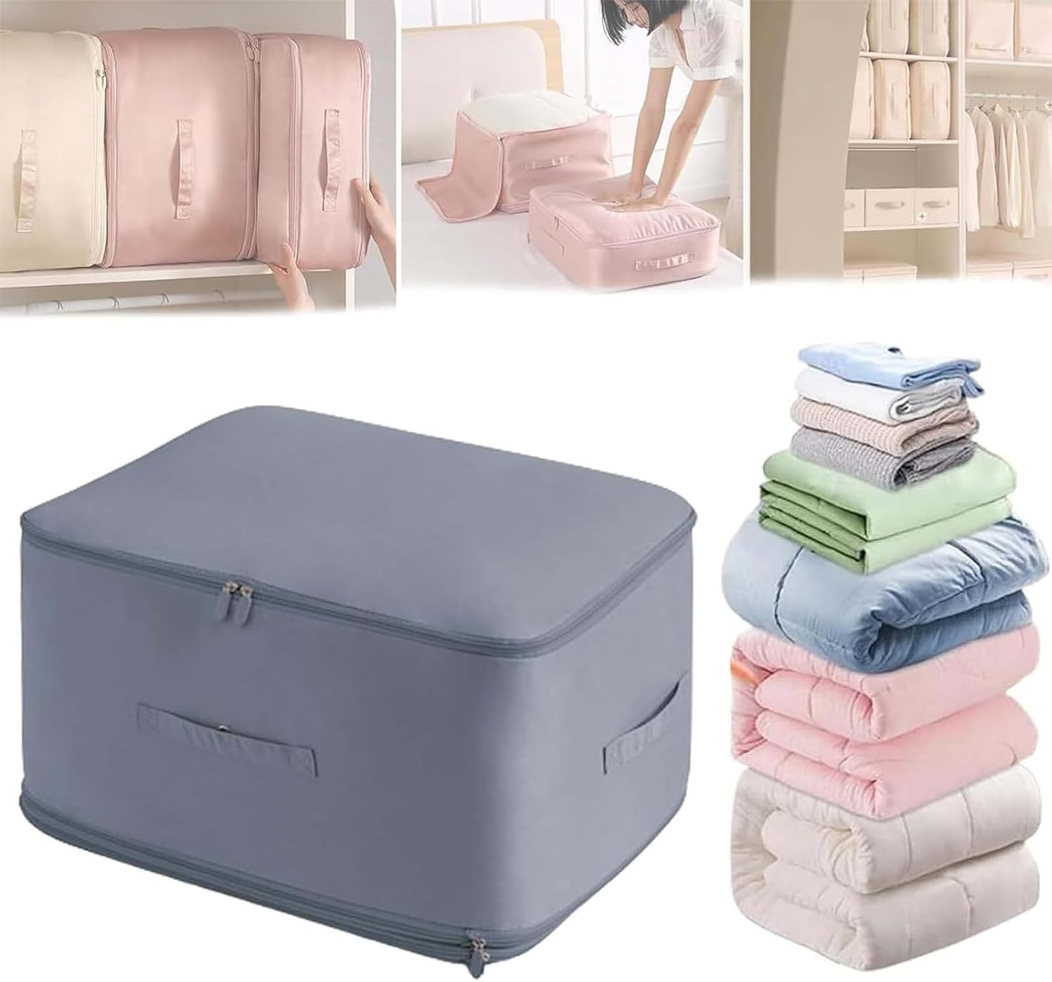 Ultra Space Saving Self Compression Organizer, 2024 New Ultra Space Saving Storage Tote for Comforters, Self Compression Moving Organizer Bags for Comforters, Clothes, Blankets (L(54*42*30Cm),Blue)