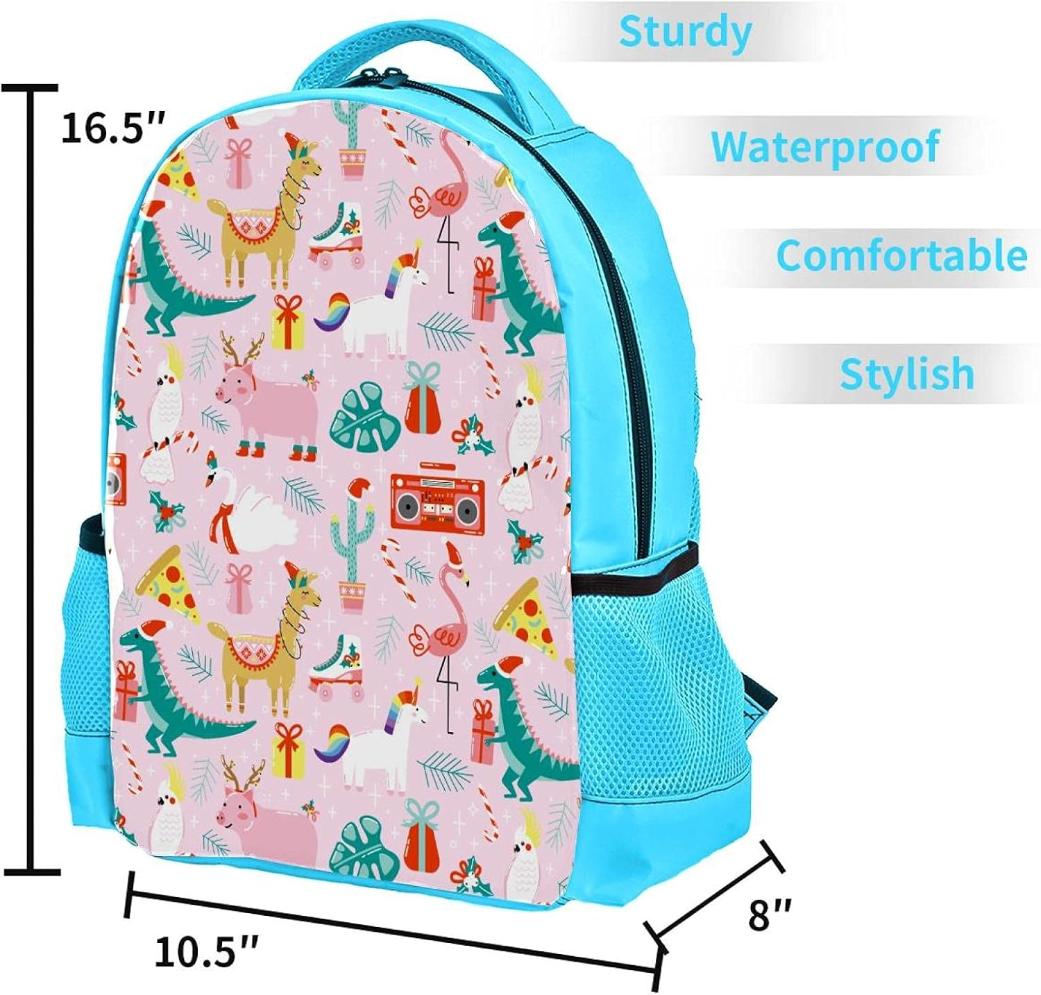 Blue Backpack Boy Bookbags Rucksack Men Travel Handbag Daypack Alpaca Dinosaur Flamingo Pig Pink image number 4