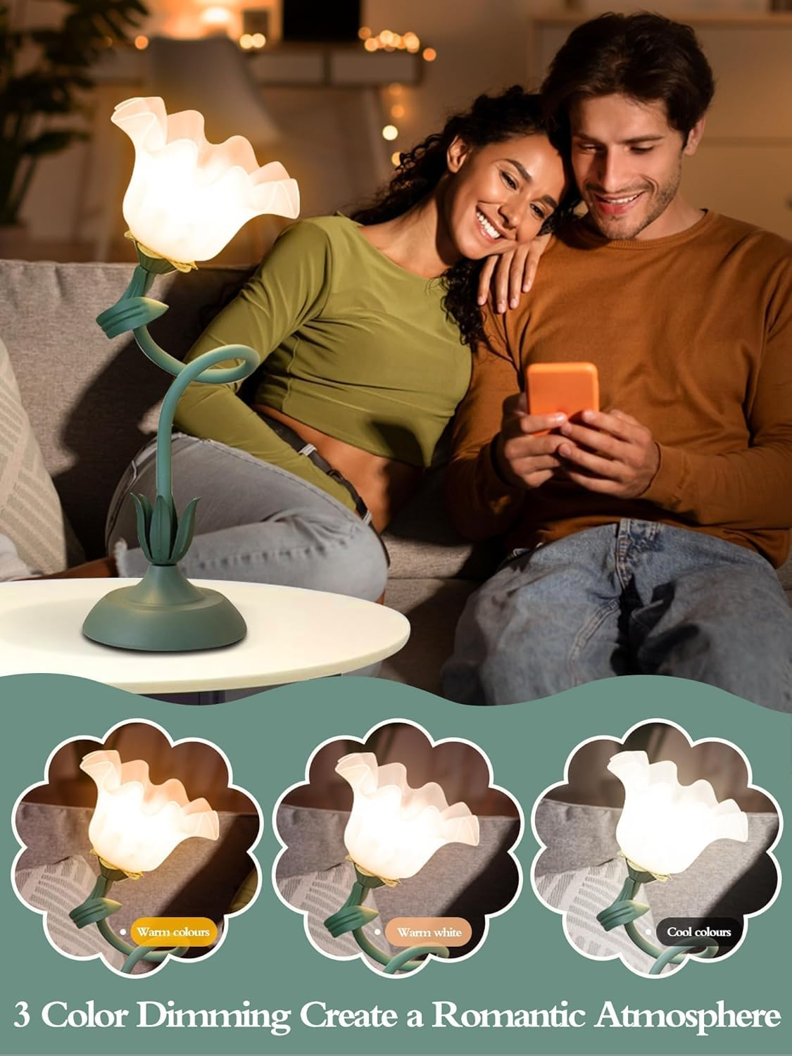 Flower Table Lamp,Led Reading Light Bedside Vintage Flower Night Light,3 Colors Modes Kawaii Bedside Lamps Decor,Living Room Bedroom Room Lighting Table Lamps Home Decoration image number 2