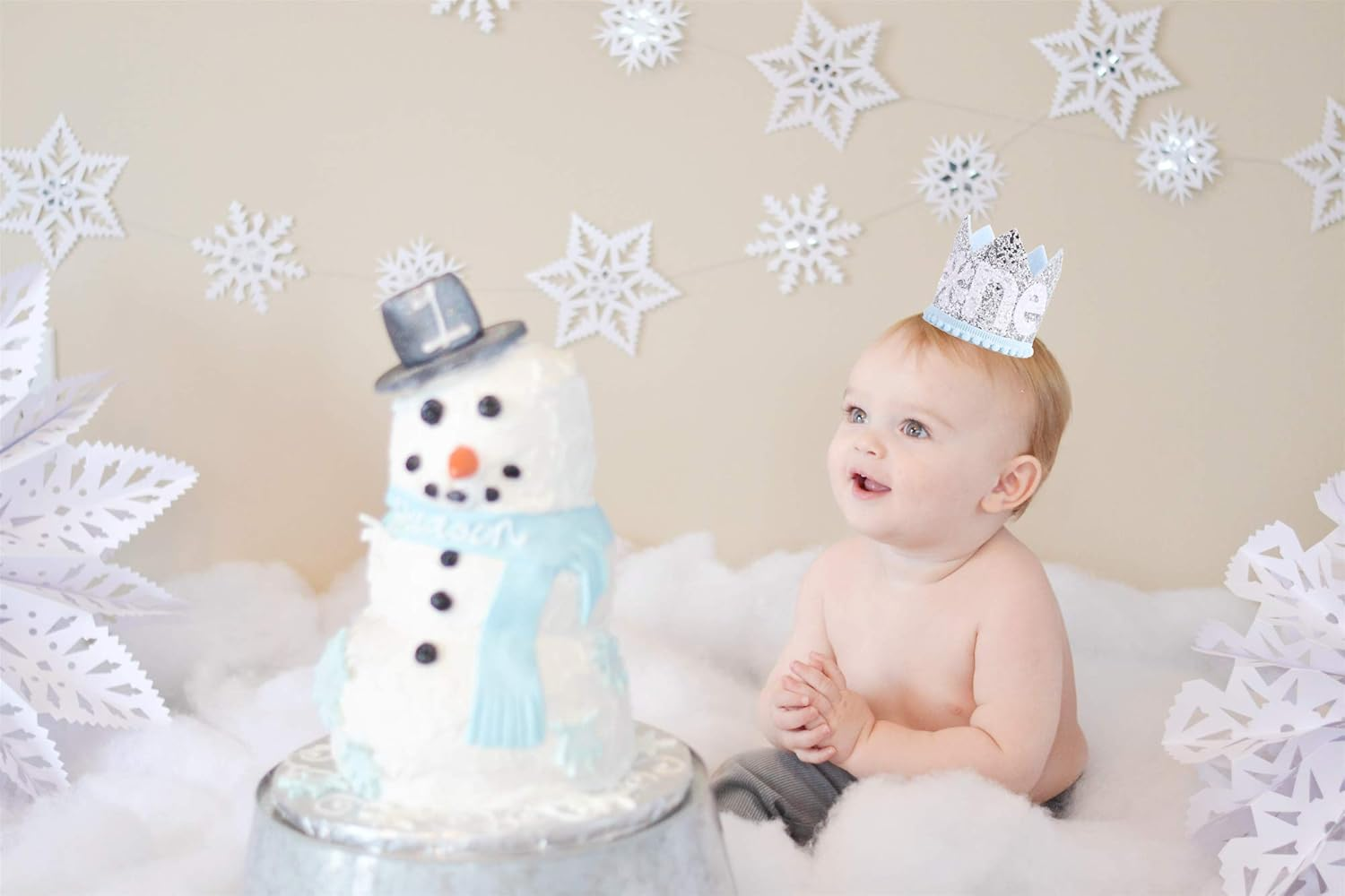 Snowflake Crown 1St Birthday Hat - Prince Charming First Birthday Party Headband， Trim Blue and Silver - Winter Wonderland Party Hat for Boy - Best Photo Booth Props， Backdrop Cake Smash (Blue Silver)