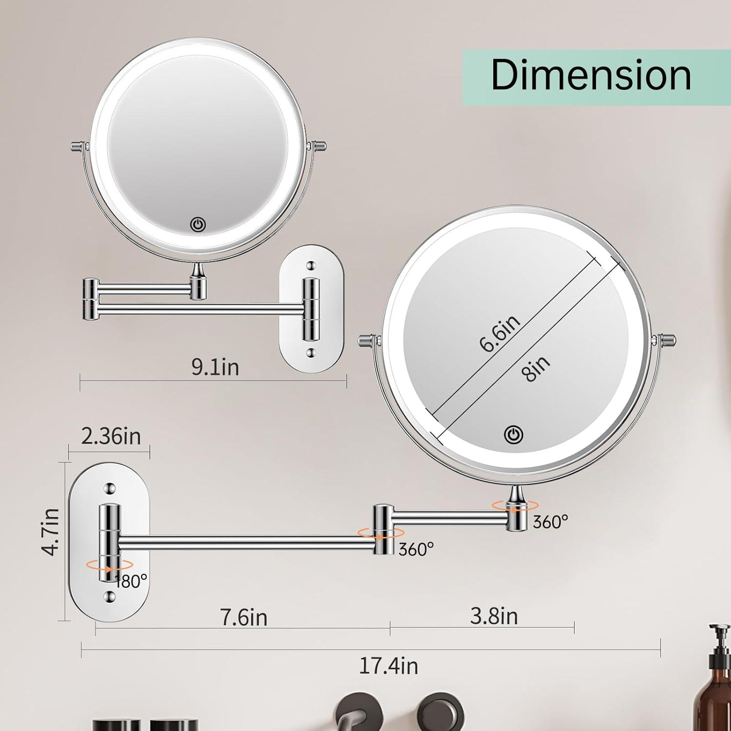 FUNTOUCH Rechargeable Cosmetic Mirror with Lighting, 1 X 20X Mirror Magnification Wall Mounting, Dimmable Shaving Mirror 3 Colours, Touch Screen, 360&deg; Rotatable, Makeup Mirror for Bathroom - Gunblack image number 4