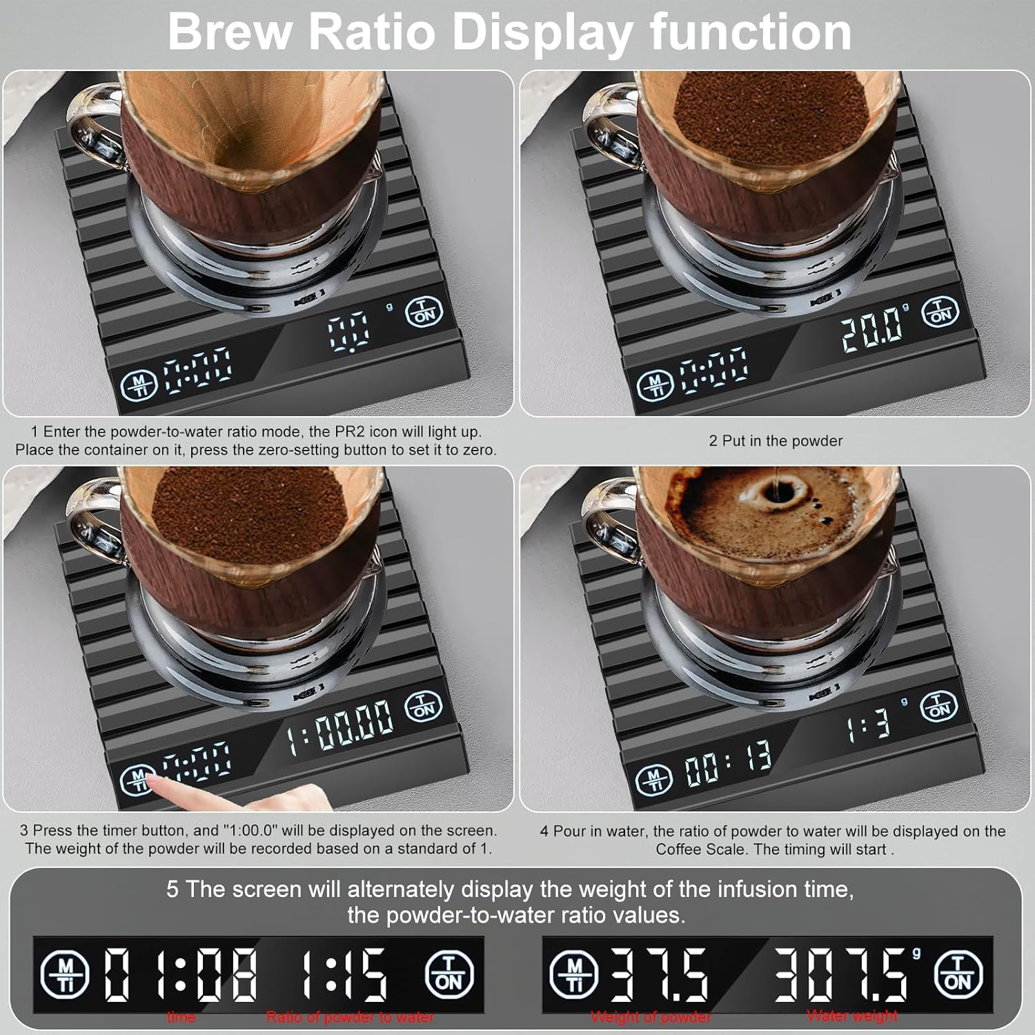 HUAJUN Coffee Scale with Timer, 2Kg/0.1G High Precision Kitchen Scale for Espresso and Pour-Over Coffee, Rechargeable Digital Kitchen Food Scale with Auto Tare, Touch Sensor and Brew Ratio Display image number 5