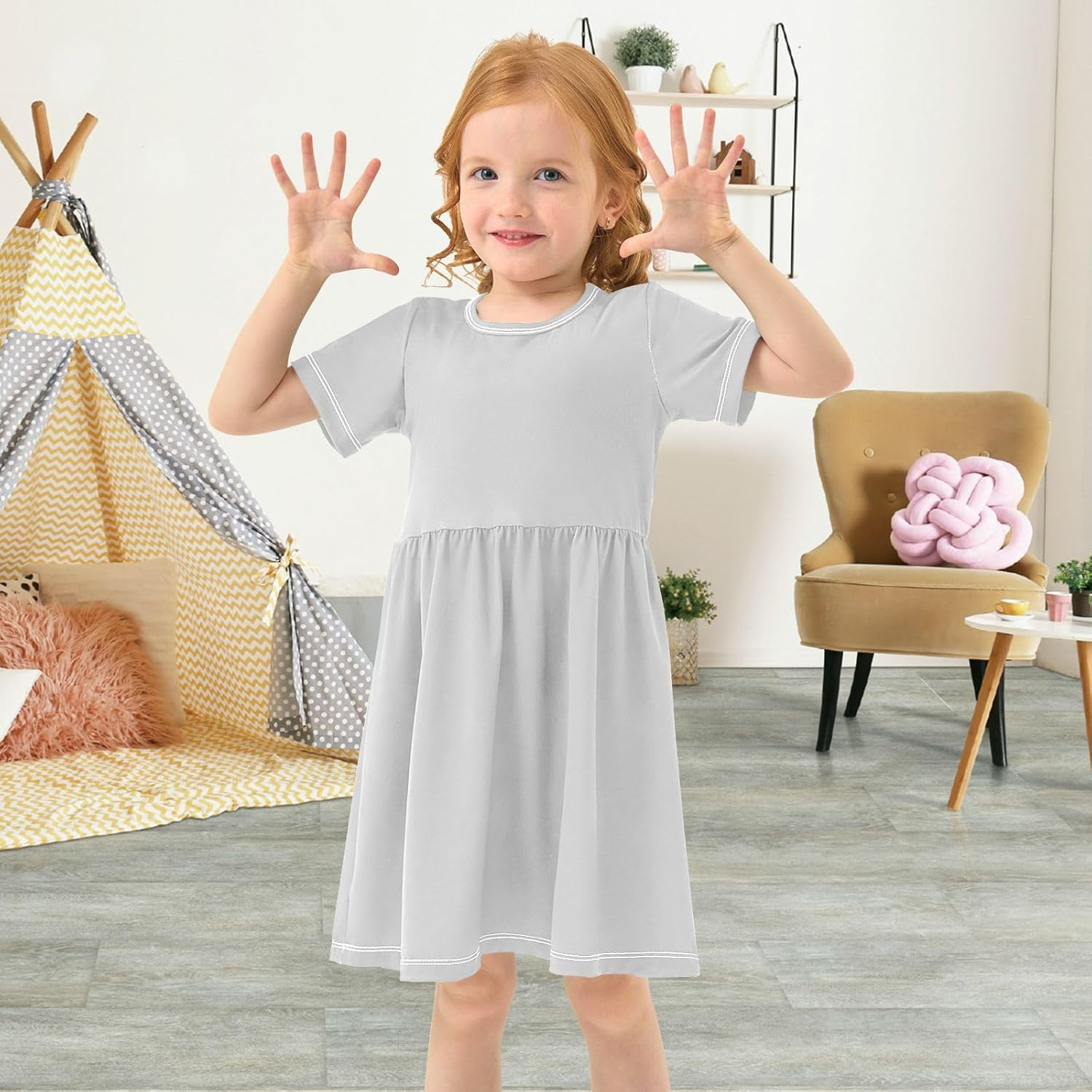 FRODOTGV Light Gray Plain Girls Princess Dresses Short Sleeve Swing Casual Sundresses for Baby Girls, Light Gray Plain, 4 Years image number 4