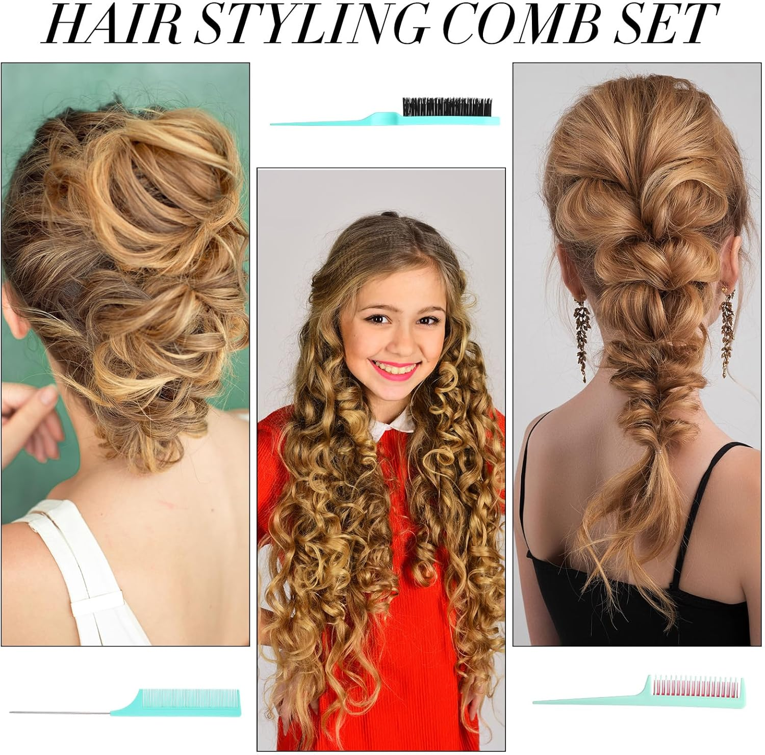 Patelai 3 Pieces Hair Styling Comb Set, Includes Hair Brush Teasing Fluffy Hair Brush, Rat Tail Comb Teasing Comb and Triple Teasing Comb for Women Back Combing Hair(Green) image number 6