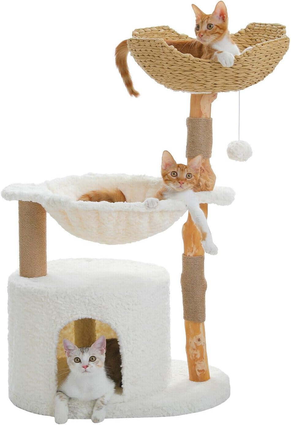 PAWZ Road Modern Cat Tree, Real Wood Cat Tower for Indoor Large Cats, Luxury Cat Furniture with Large Cozy Hammock(Dia=40Cm),Spacious Cat Condo,Baskets Perch and Dangling Ball White image number 6