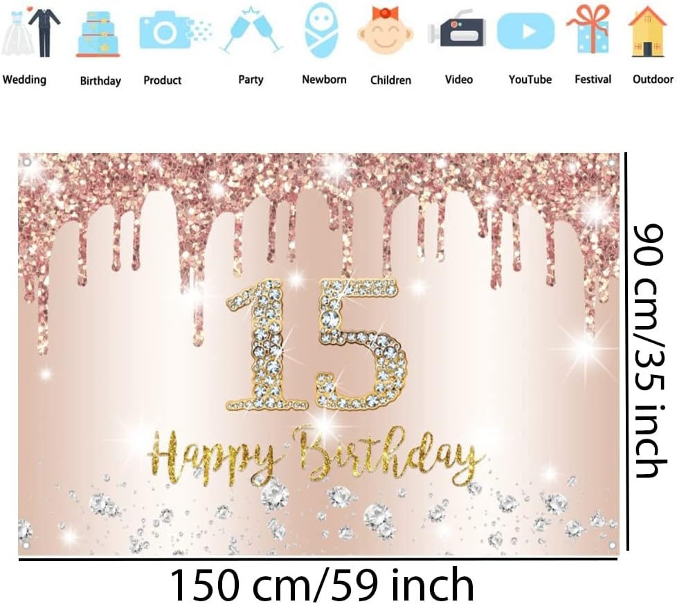 Happy 15Th Birthday Decorations Birthday Backdrop Banner for Girls Happy 15 Years Old Party Fabric Sign Poster Girl Birthday Rosegold Photography Background 15Th Birthday Party Supplies, 59"X35.4" image number 2