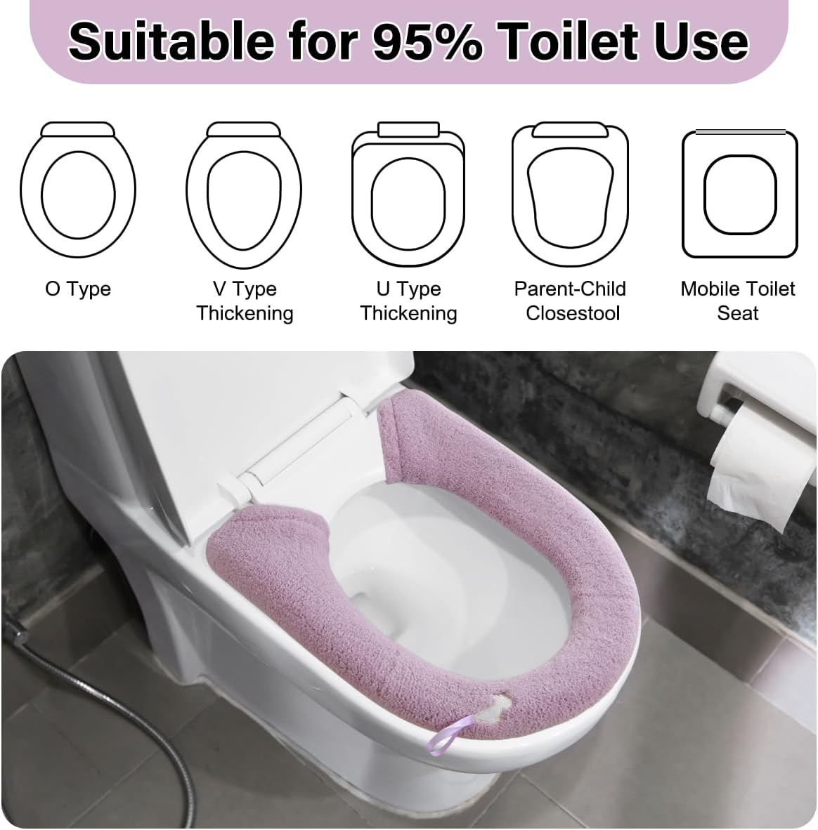 2 Packs Toilet Seat Cover, Plush Warm Bathroom Toilet Seat Cushion with Snaps Fixed Washable and Reusable Toilet Seat Lid Cover Pads, Fits Most Toilet Seats, Purple