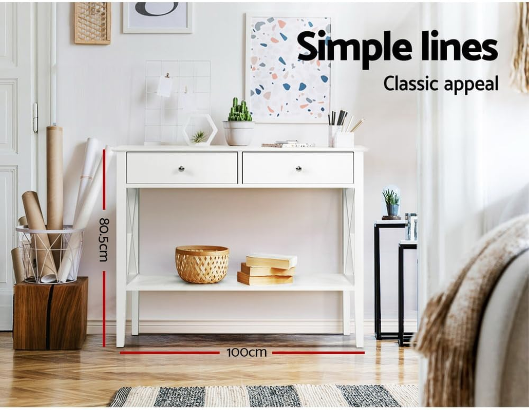 Artiss Console Table, Wood Side Hallway Tables Desk Drawers Display Home Bedroom Office Living Room Entryway Furniture, with 2 Drawer Spacious Storage Shelf White image number 6