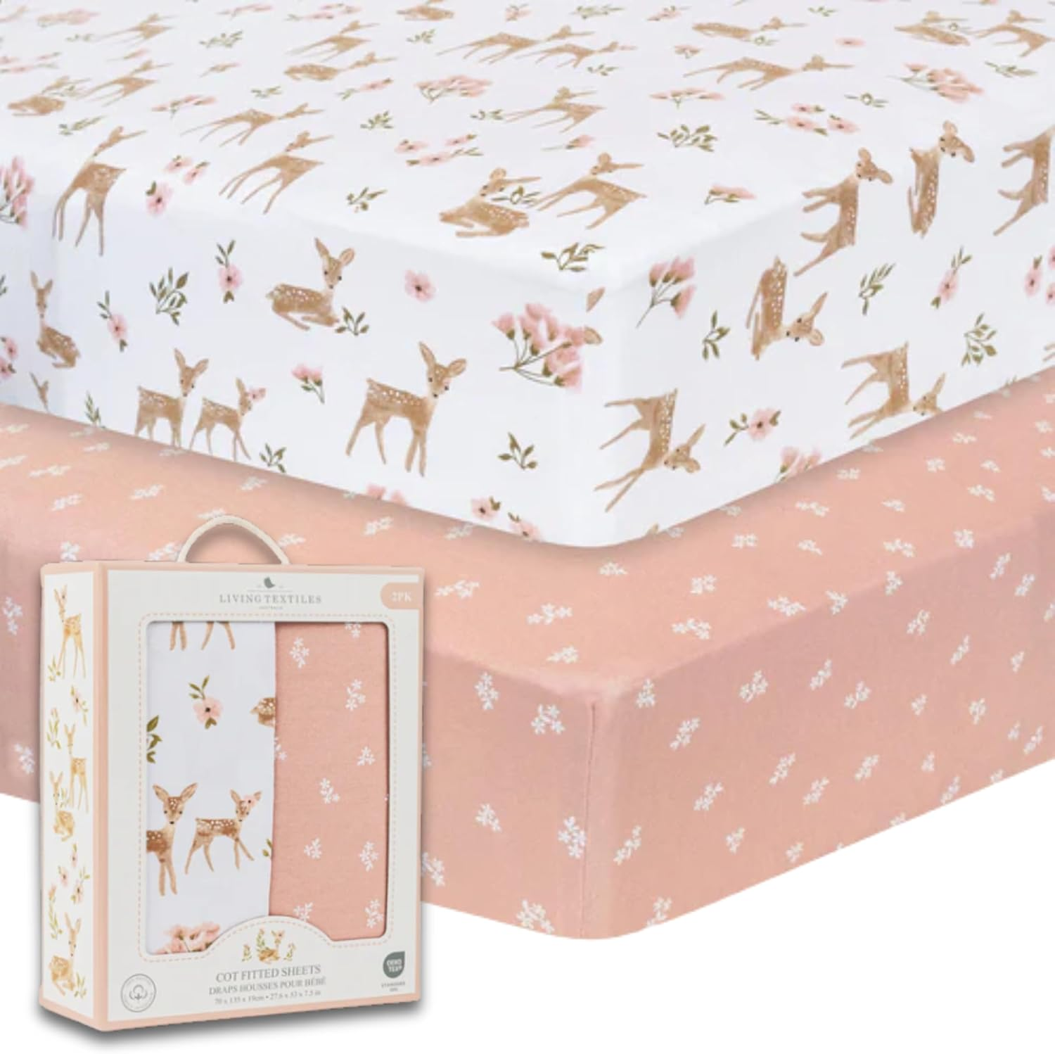 Living Textile Premium Cot Fitted Sheet 2-Pack 70X135Cm &ndash; Soft Cotton Jersey, Snug Secure Fit with Full Elastic, Breathable & Machine Washable Baby Bedding for Crib, Kids & Travel (Forest Retreat)