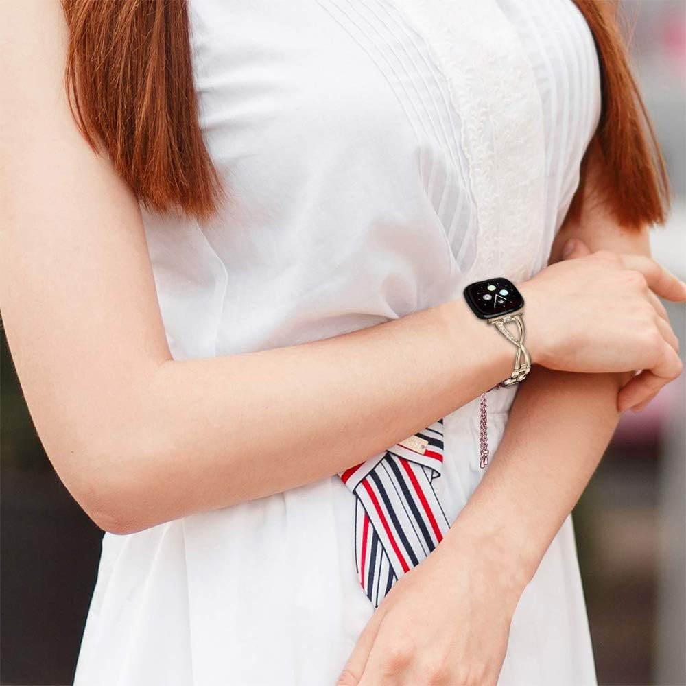 Turnwin Intended for Fitbit Versa 3 & Sense Bands, Bling Chain Crystal Stainless Steel Solid Metal Adjustable Versa 3 Replacement Watch Band Wristband Strap Bracelet Intended for Versa 3 and Sense Bands Fitness Tracker (Silver-Gold) image number 1