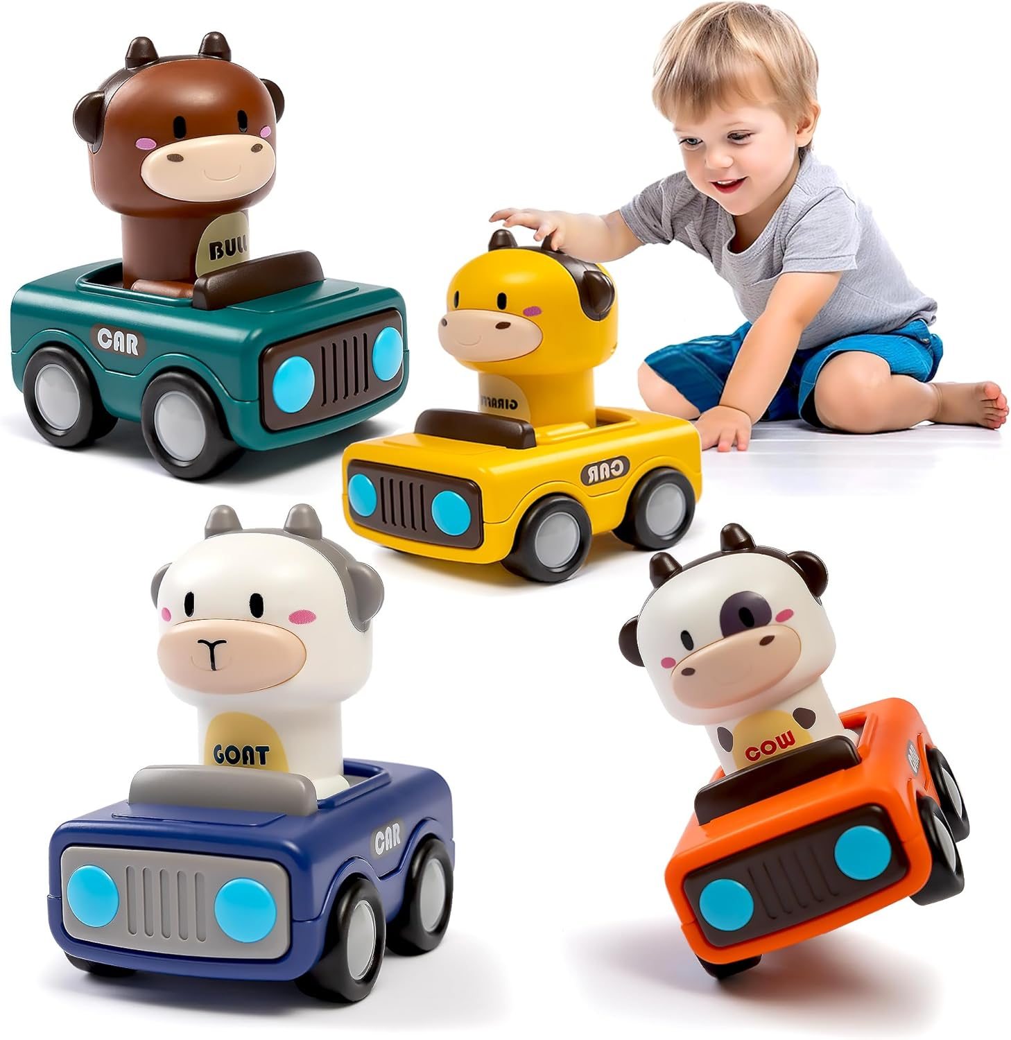 4 PCS Press and Go Cars Toys for 1 2 3 Year Old Boy, Infant Animal Racing Car for Toddlers 1-3, 1 Year Old Boy Girl Gifts Baby Play Vehicle Set, 1St Birthday Gifts, Pull Back Car Toy for 6-18 Months