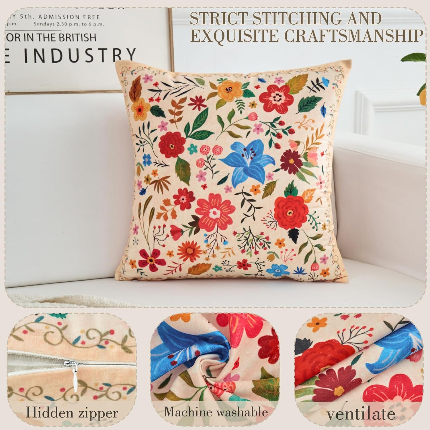 EDTOY Floral Pillow Covers 16X16 Set of 2,Beige Farmhouse Floral Pillow Covers Decorative Double Sided Pattern Cushion Cover Soft Pillow Case for Living Sofa Room Bed Porch Patio Square Pillow Cover image number 5