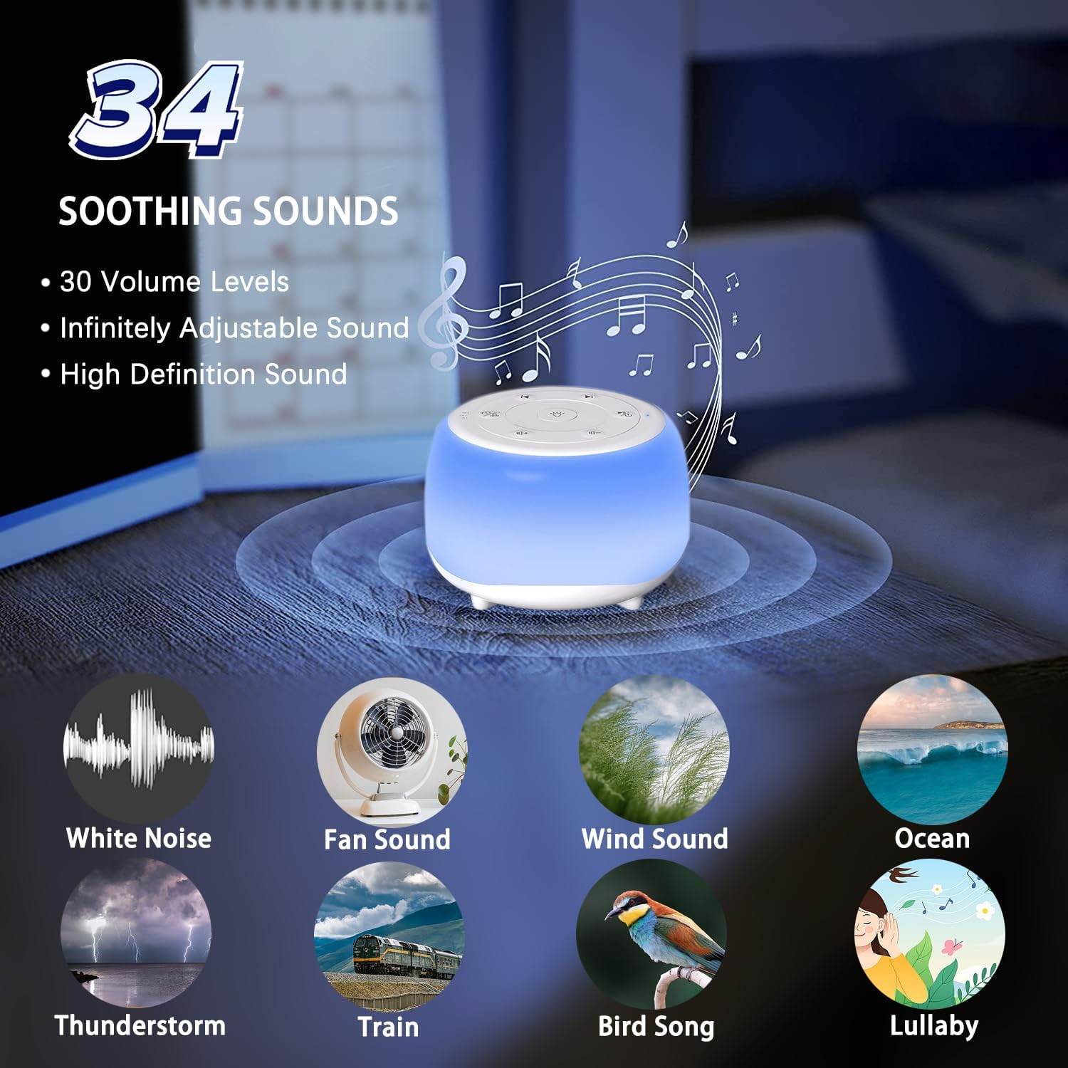 Xkimos White Noise Machine Baby and Adult, 34 Soothing Sounds White Noise Machine, 7 Color Lights Portable Baby Night Light Sound Machine for Kids Sleeping with 3 Auto-Off Timer & 30 Levels of Volume image number 5