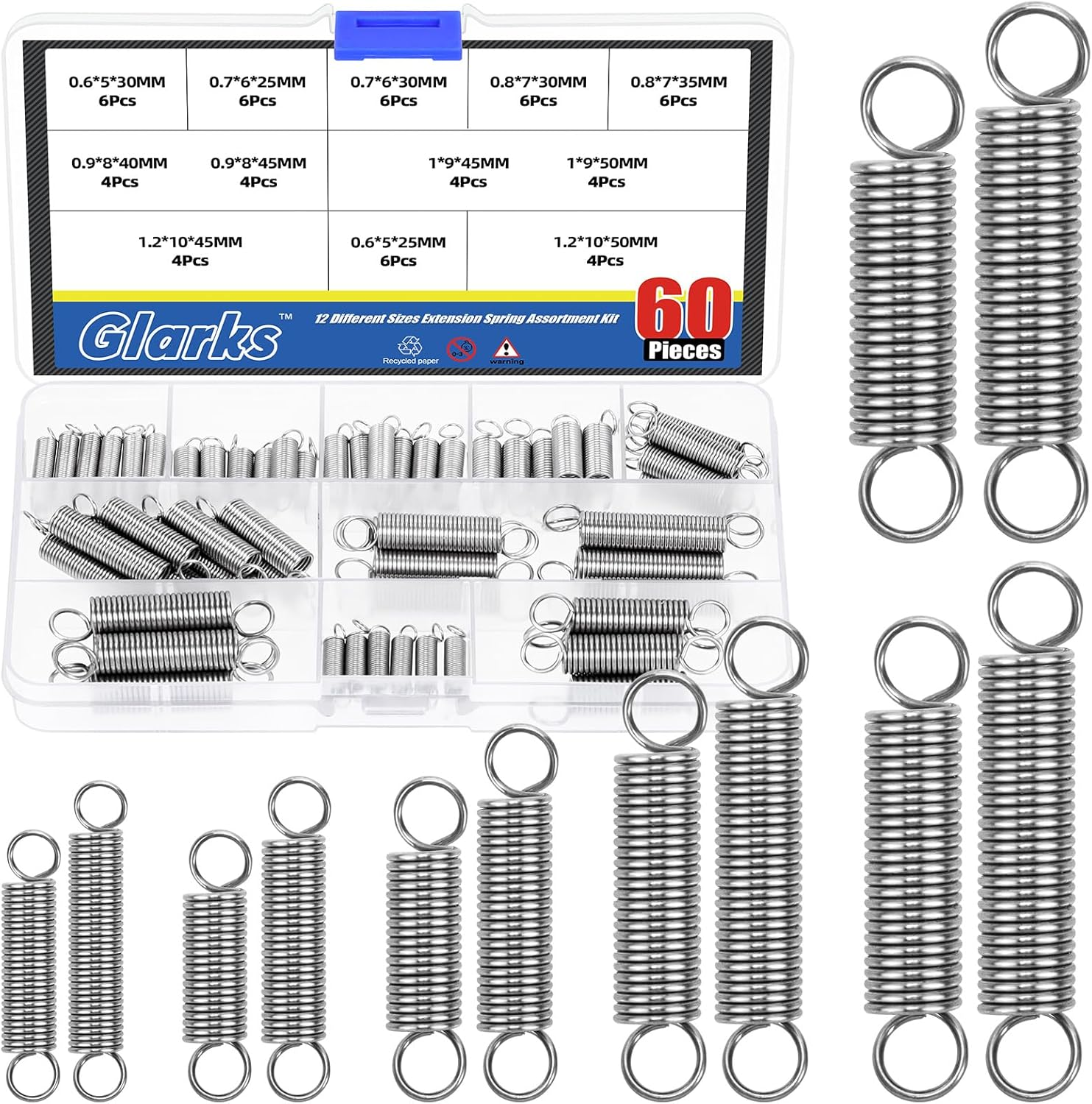 Glarks 60Pcs Stainless Steel Extension Springs with Double Hook Sets 12 Sizes Small Spring Tension Spring Wire Assortment for Machinery Construction Industrial image number 3
