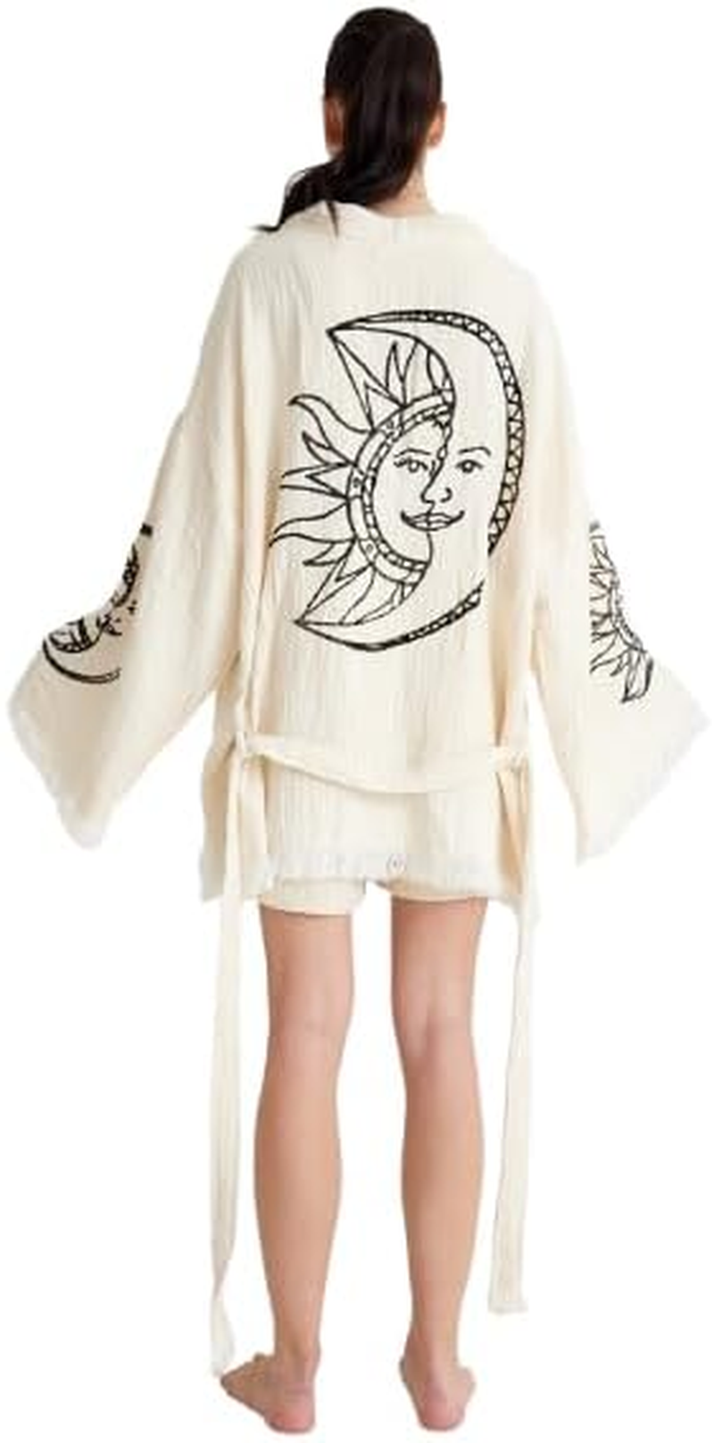 Barooga Beach Kimono Short Kaftan for Women &ndash; 100% Cotton Boho Cardigan, Open Front Kimono Robe, Sun & Moon Embroidered Beach Cover-Up, Spa Morning Robe, Bikini Swimsuit Cover-Up &ndash; Beige, One Size image number 6