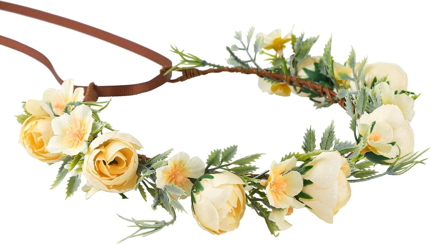 Korvishow Handmade Flower Crown Floral Headpiece Green Leaf Headband Wedding Flower Crowns for Bride Floral Garland Hair Wreath Birthday Party(Yellow Style) image number 3