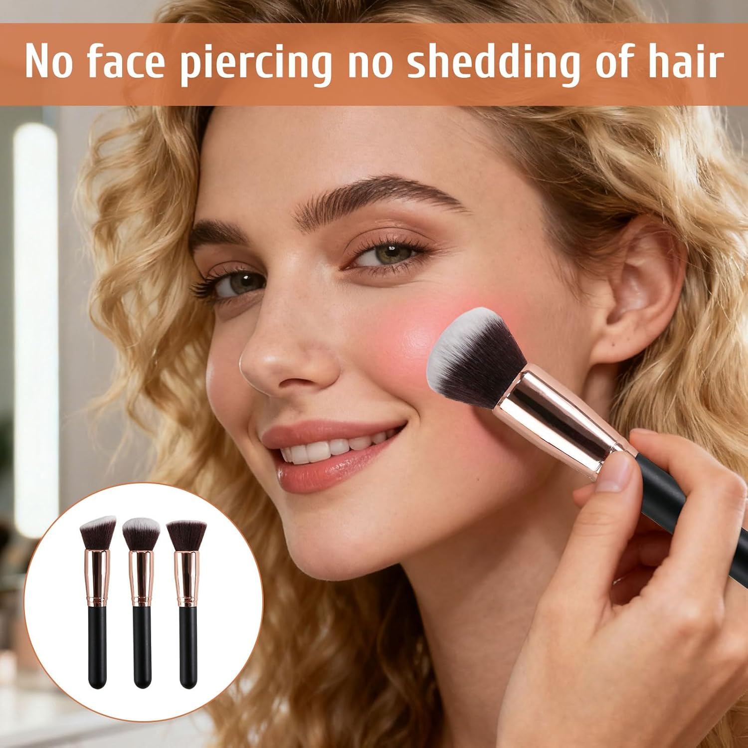 Foundation Brush, 3 Pcs Kabuki Makeup Brushes, Professional Makeup Brush, Flat Top & Angled & Blusher Brush, Body Make up Brushes for Liquid, Bronzer, Cream, Powder, Blending, Buffing, Contour