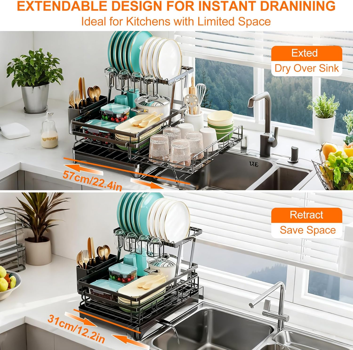 Expandable 2-In-1 Dish Drying Rack, 2-Tier Dish Rack with 360&deg; Rotating Drainer Board, Carbon Steel Dish Drainerwith Cutlery Utensil Rack & Holders for Kitchen Storage & Organisation image number 3