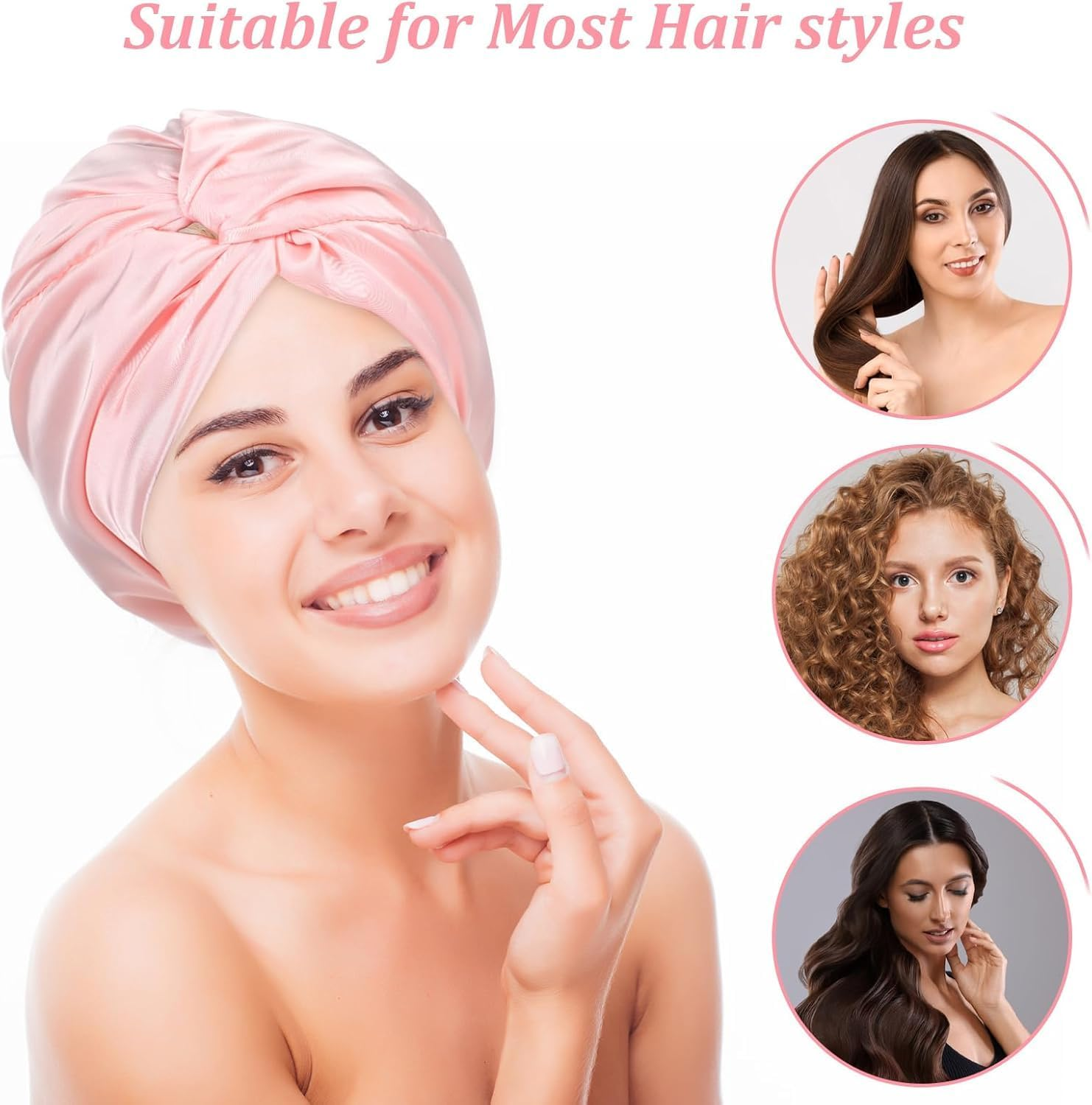 Silk Shower Cap for Sleeping Women 1PC Adjustable Silk Satin Hair Bonnet Double Layer Hair Wrap Sleep Cap Night Turban Soft Shower Cap Curly for Sleep for Long Curly Unisex (Pink, One Size) image number 5