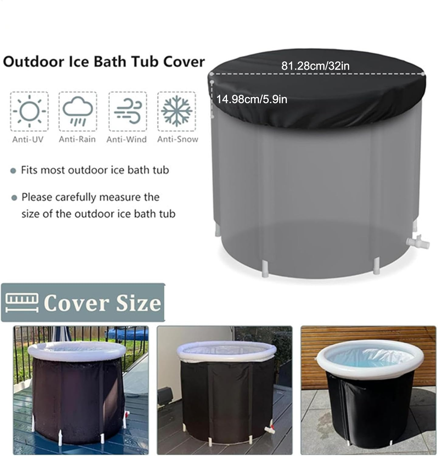 Ice Bath Cover Lid, Cold Plunge Elastic Cover, Portable Waterproof Dust Ice Bath Thermo Lid, Oxford Cloth Dustproof, Black image number 2
